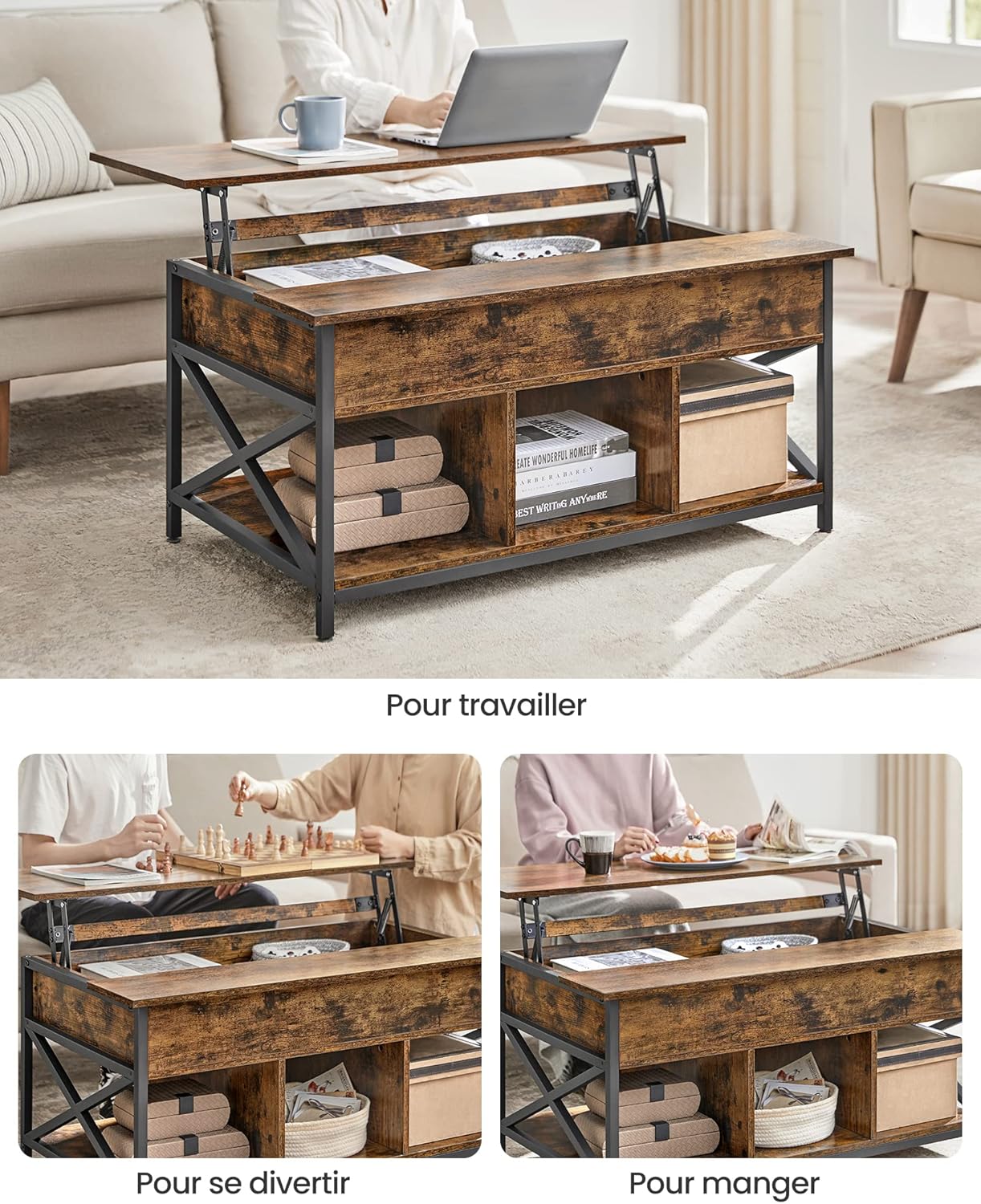 VASAGLE - Table basse à plateau relevable, 60x100x(48-62)cm, rangement multifonction, LCT205B01