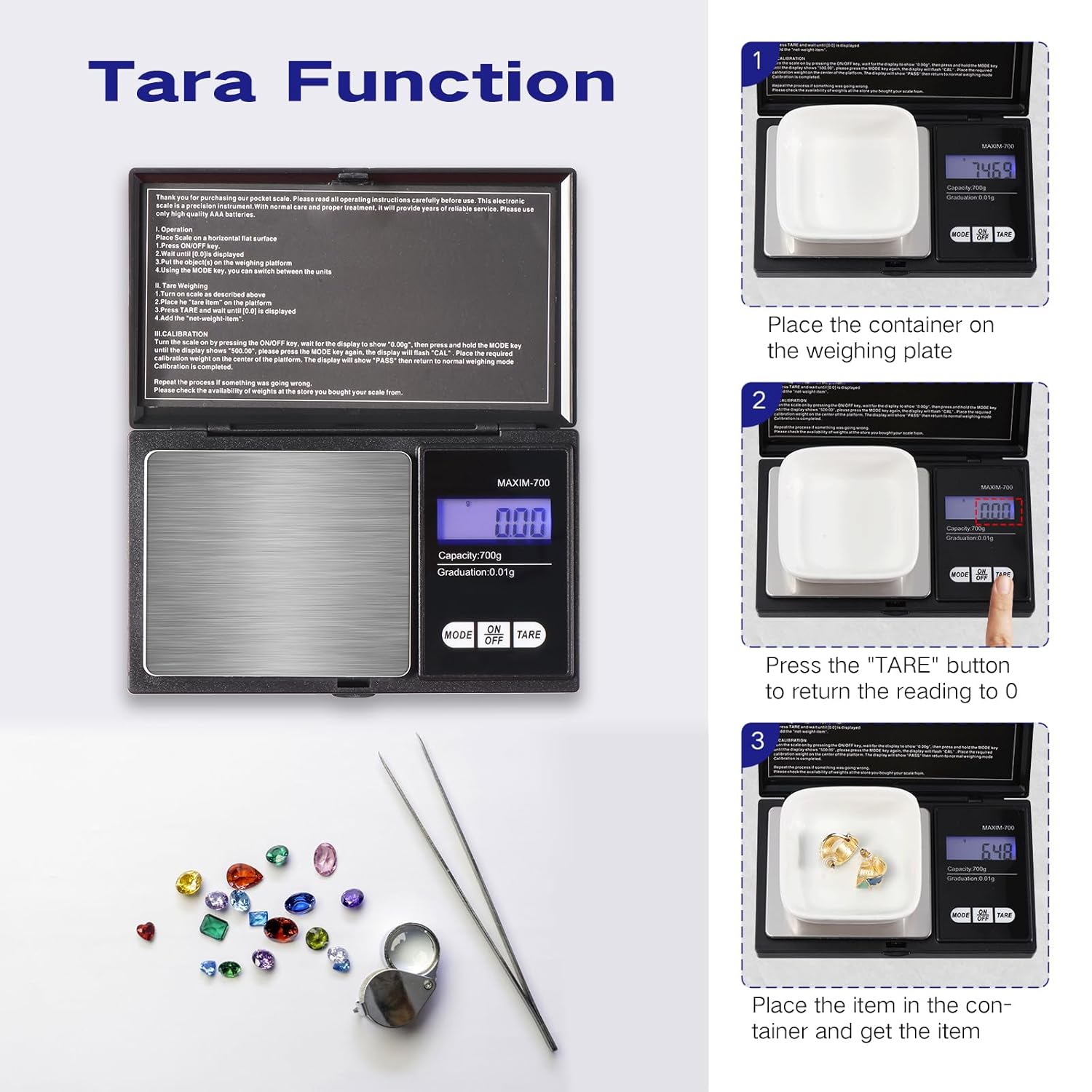 Vinabo - balance de précision 700g/0,01g - multifonction tare, cuisine, bijoux