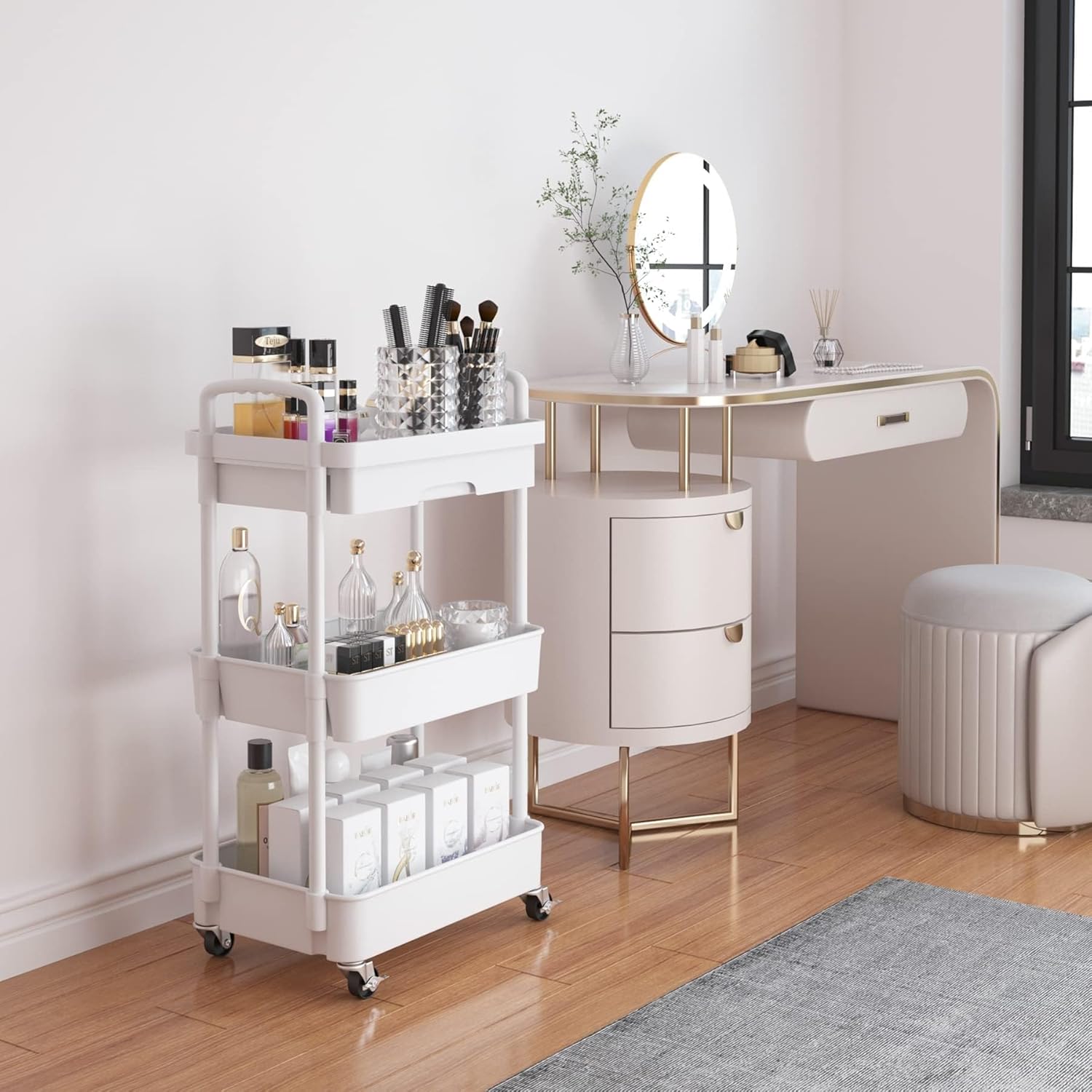 Chariot de rangement - 3/4 niveaux, plastique, tiroirs, à roulettes, compact