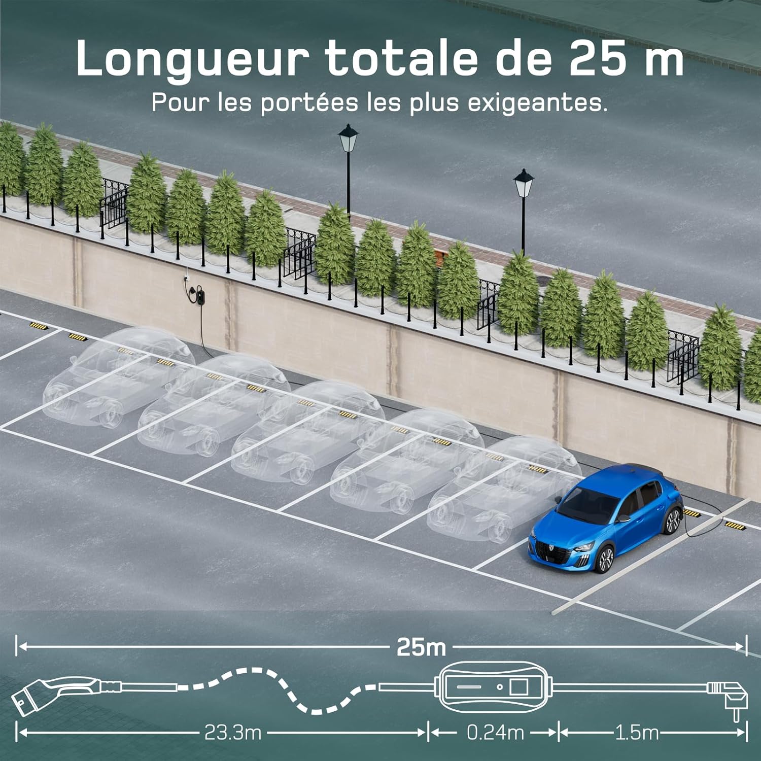 Chargeur voiture électrique - Type 2 - 25m - 3,68kW, 16A, écran digital