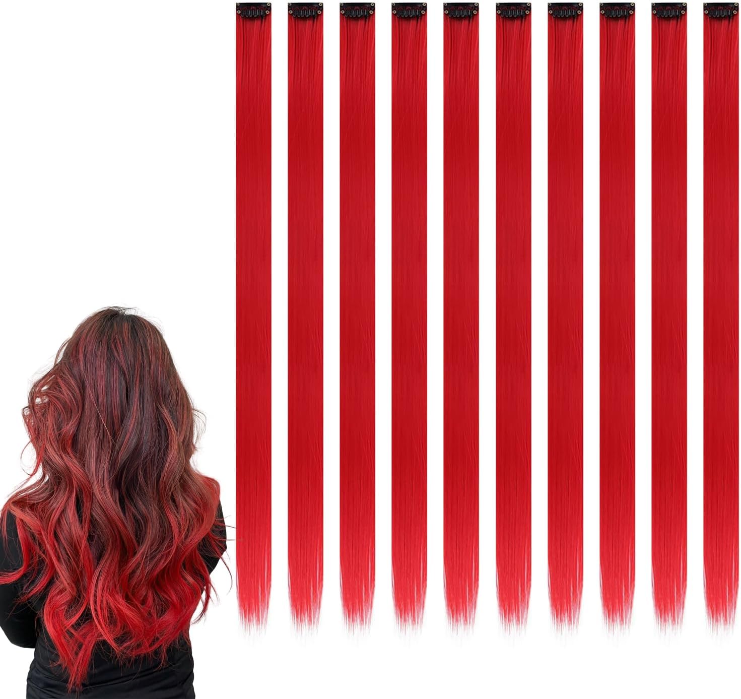 Extensions à clip cheveux - 22 pouces - mèches colorées raides, rouge