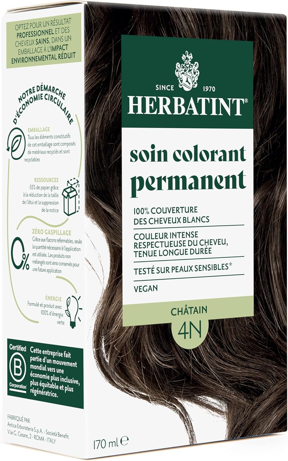 Herbatint - soin colorant permanent - 170ml - sans ammoniaque, 100% couvrance cheveux blancs, 4N