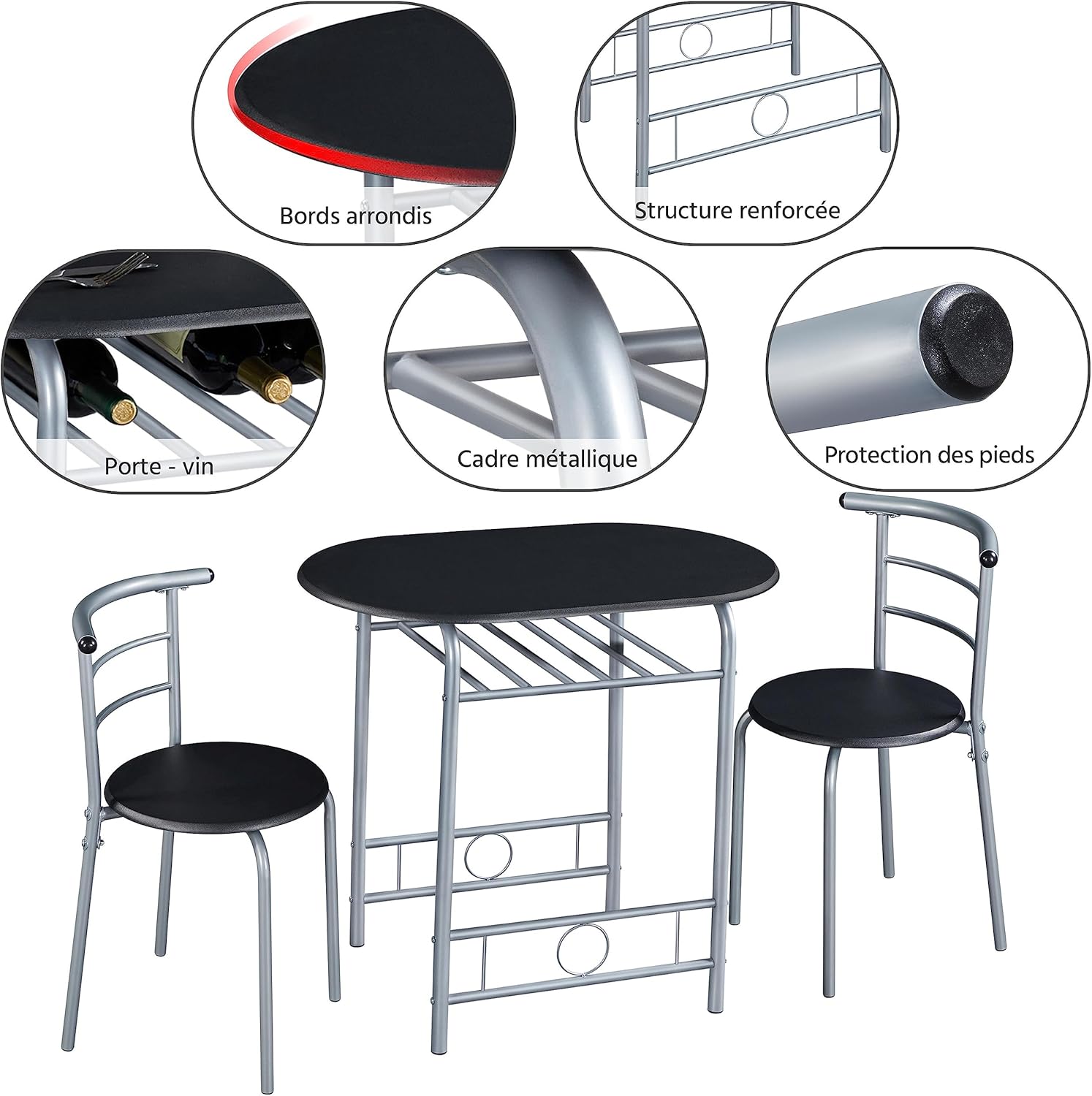 Yaheetech - Ensemble table et 2 chaises, porte-bouteilles, compact, noir