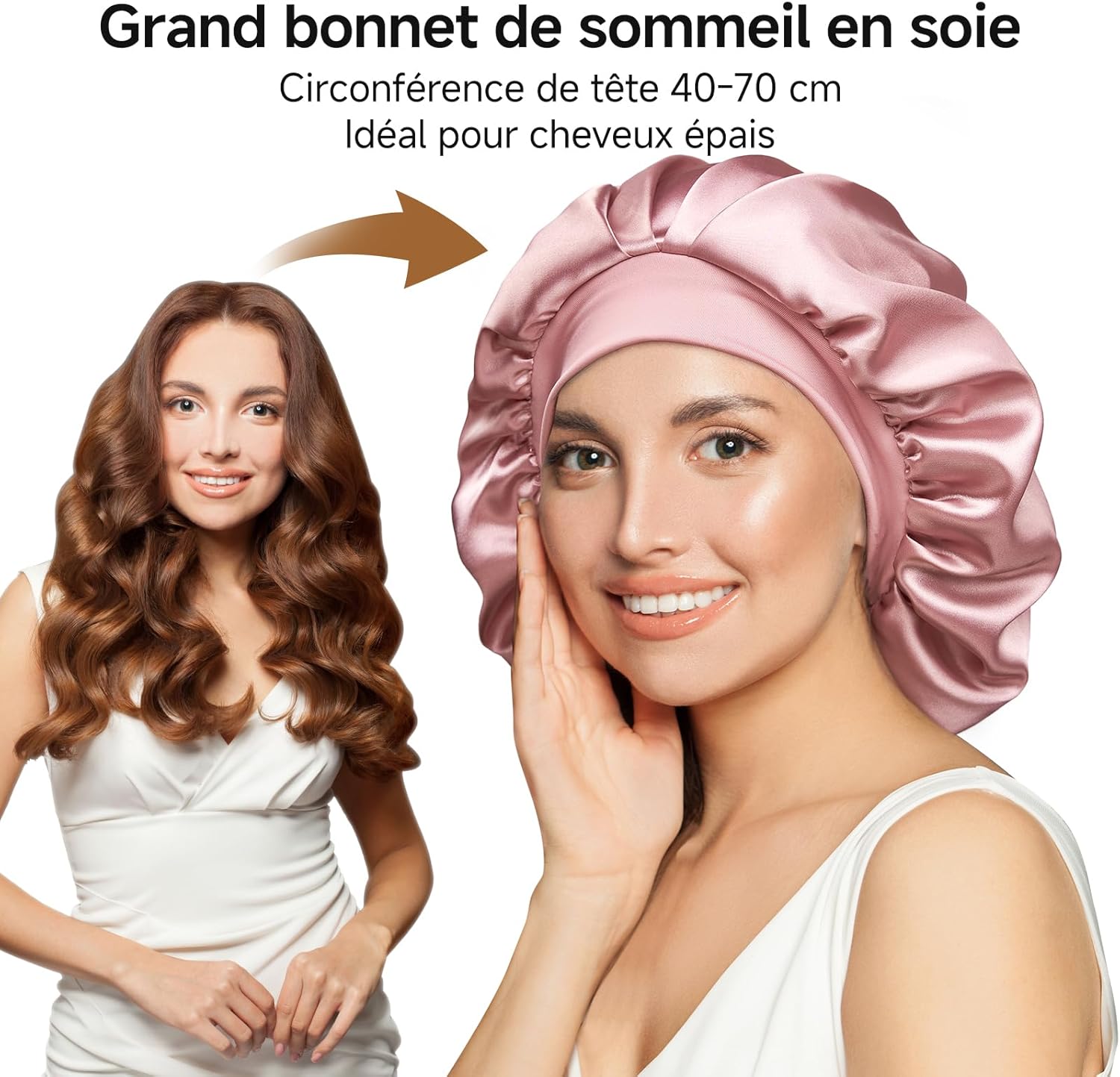 Umisleep - Bonnet nuit double soie 22 Momme, réglable, XL, cheveux longs
