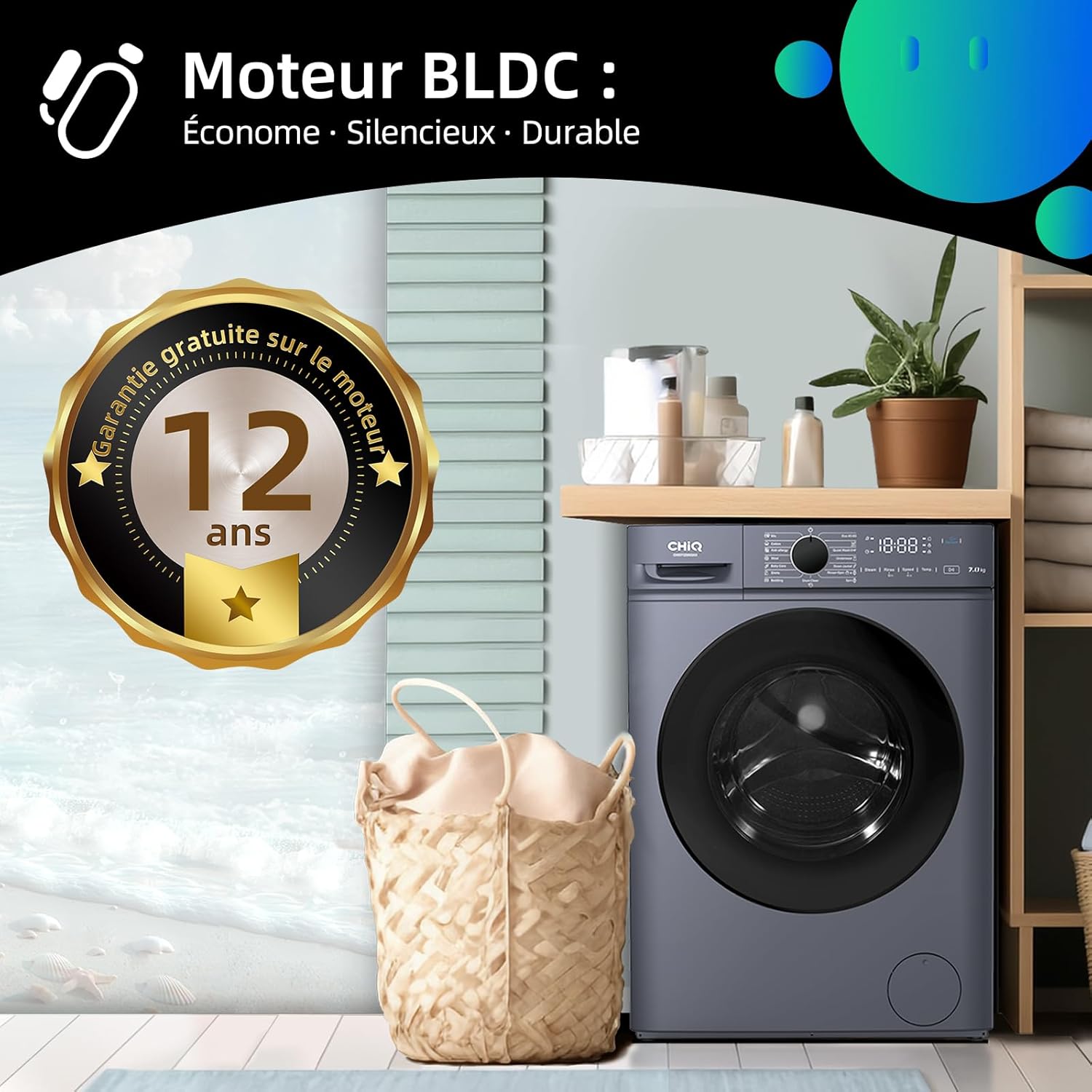 CHiQ - lave-linge compact, 7kg, 1200RPM, vapeur, classe A, 60x46.5x84cm - CW07123863AX