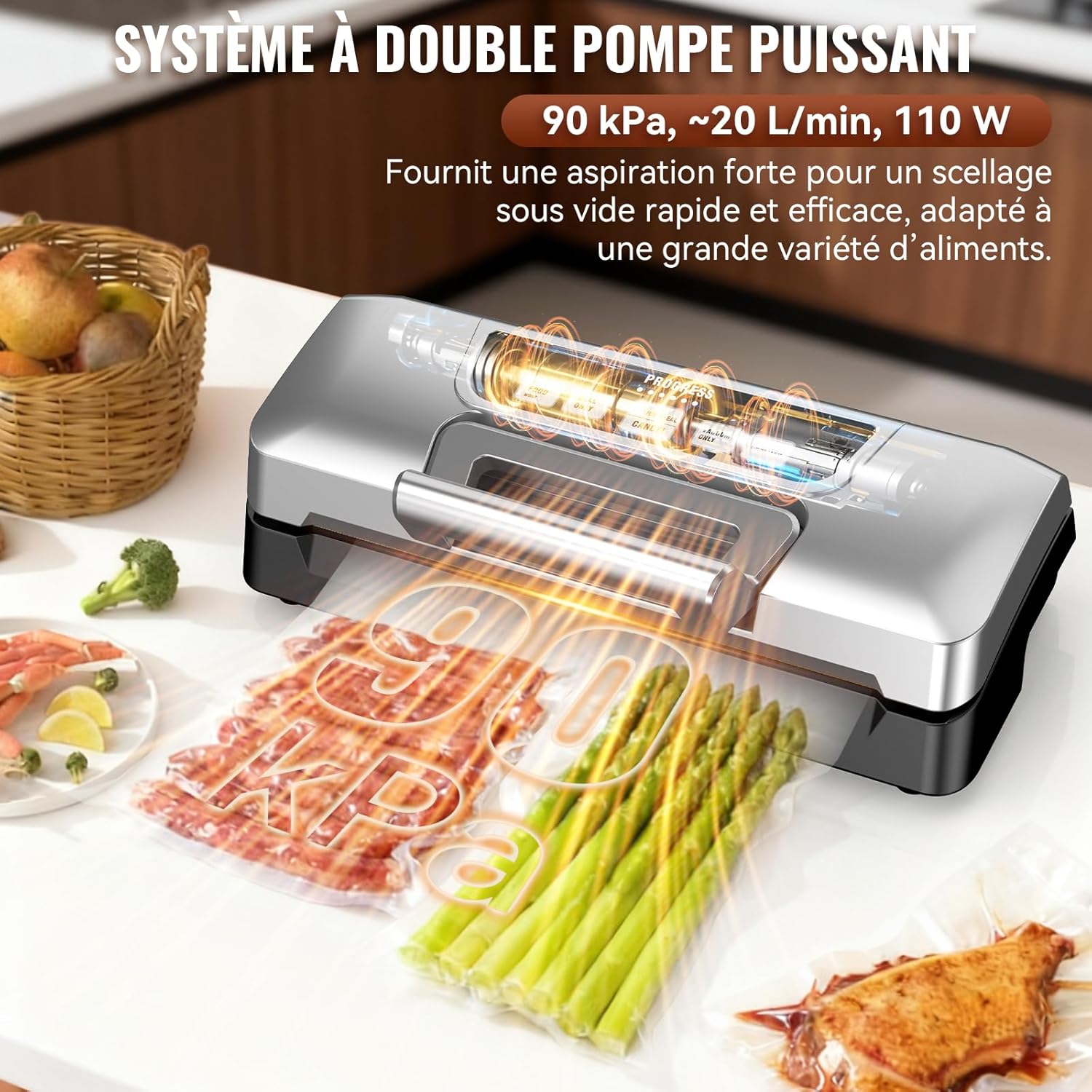 Machine sous vide - double pompe 90kPa, 20L/min - coupe-sacs, LED, sec/humide