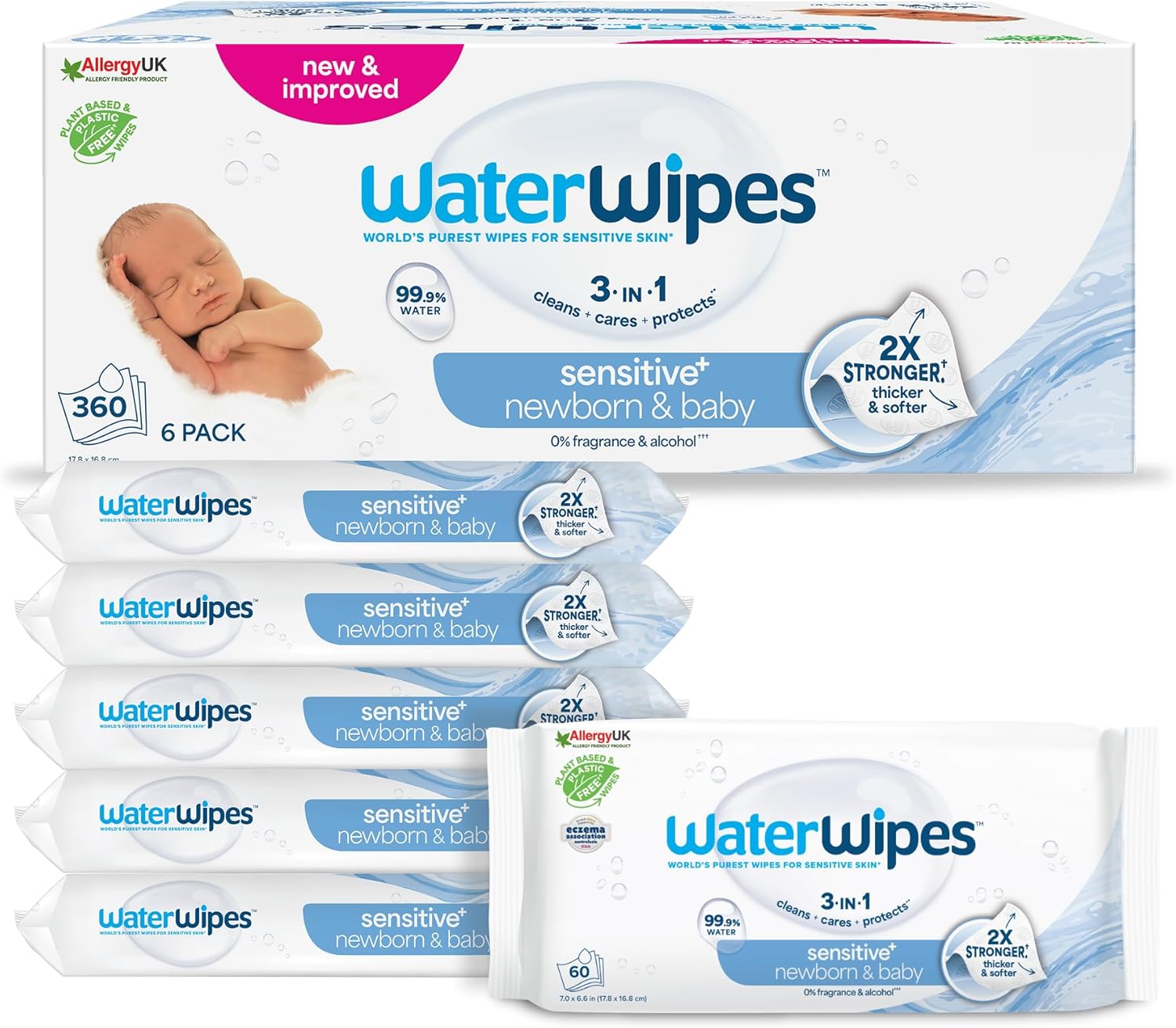 WaterWipes - Sensitive+ - 360 unités - 99,9% eau, non parfumé, 3-en-1