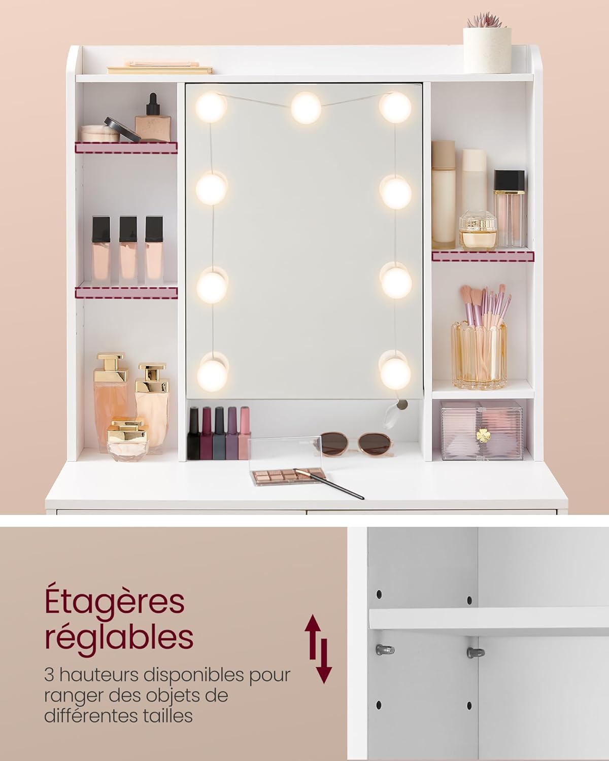 VASAGLE - coiffeuse moderne, miroir LED, 2 tiroirs, blanc, RDT126W01