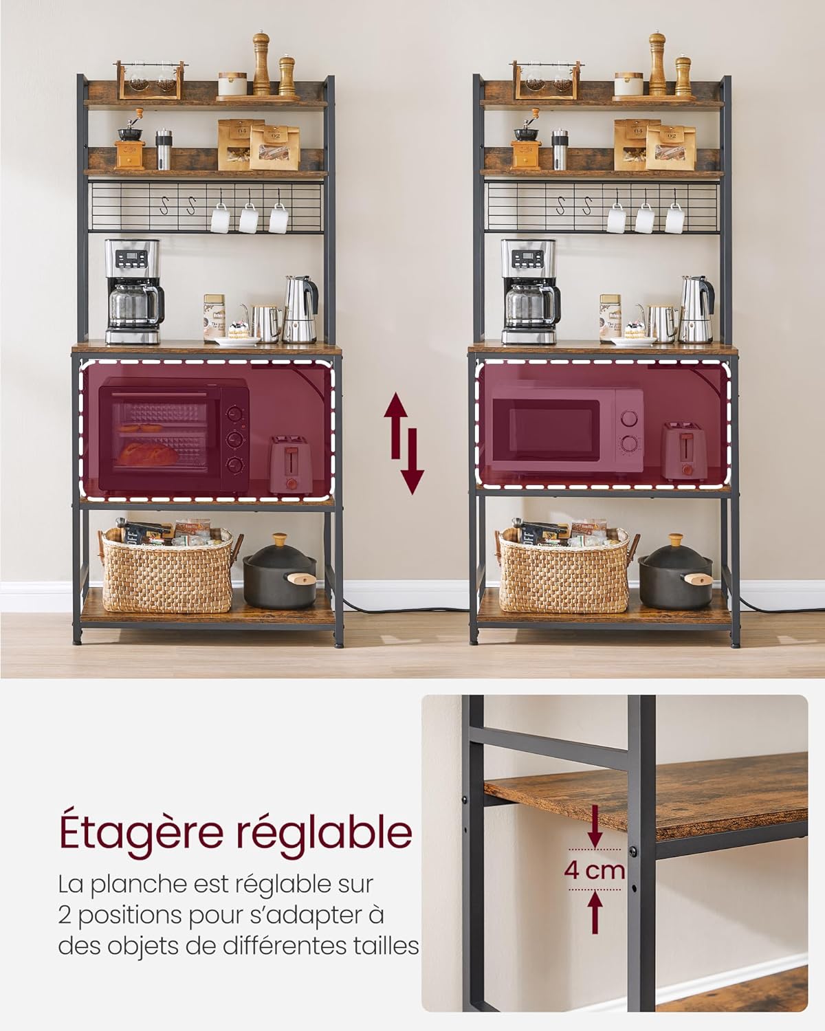 VASAGLE - étagère cuisine série KKS - 40x80x170 cm, multiprise, crochets, marron/noir, KKS025B01EU