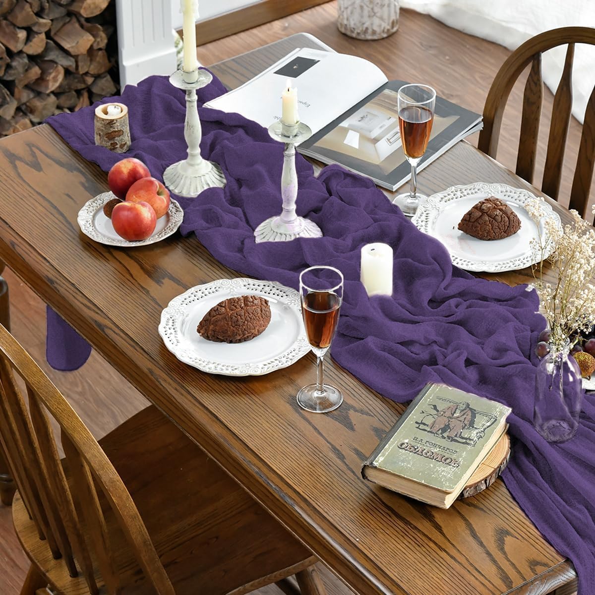 Artoid Mode - Chemins de Table Bohême - 300 cm - gaze mousseline violet, déco mariage/anniversaire