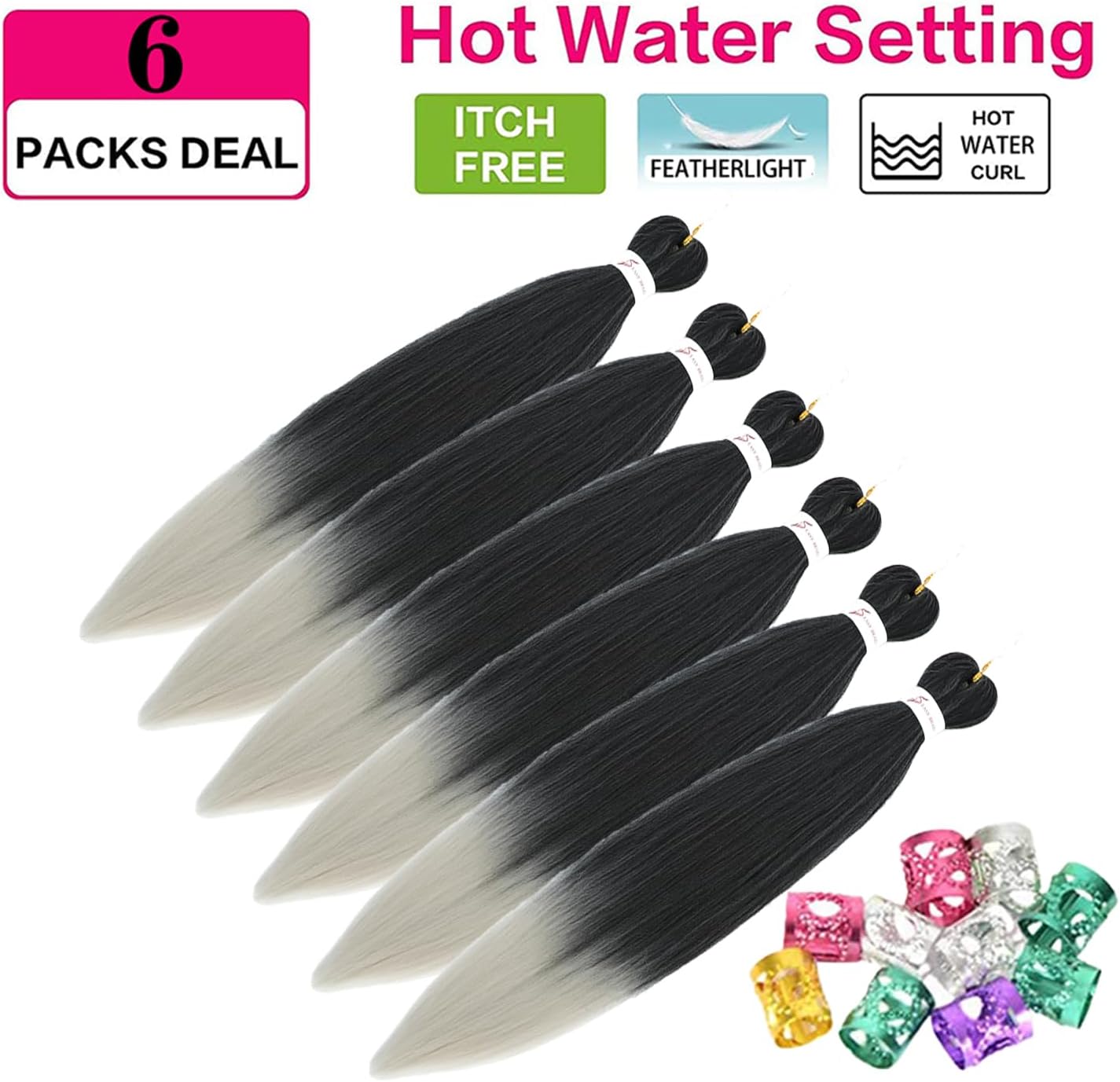 Rajout cheveux tressés - 20 pouces - ombre noir argent, lot de 6, T1B/Silver#