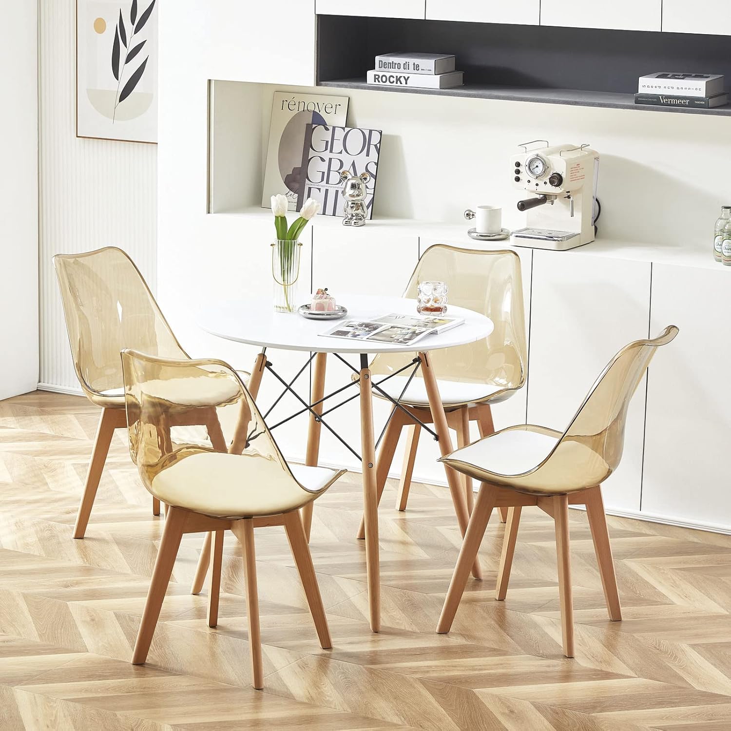 EGGREE - chaises scandinaves lot de 6 - bois hêtre, coussin cuir, dossier transparent, test SGS