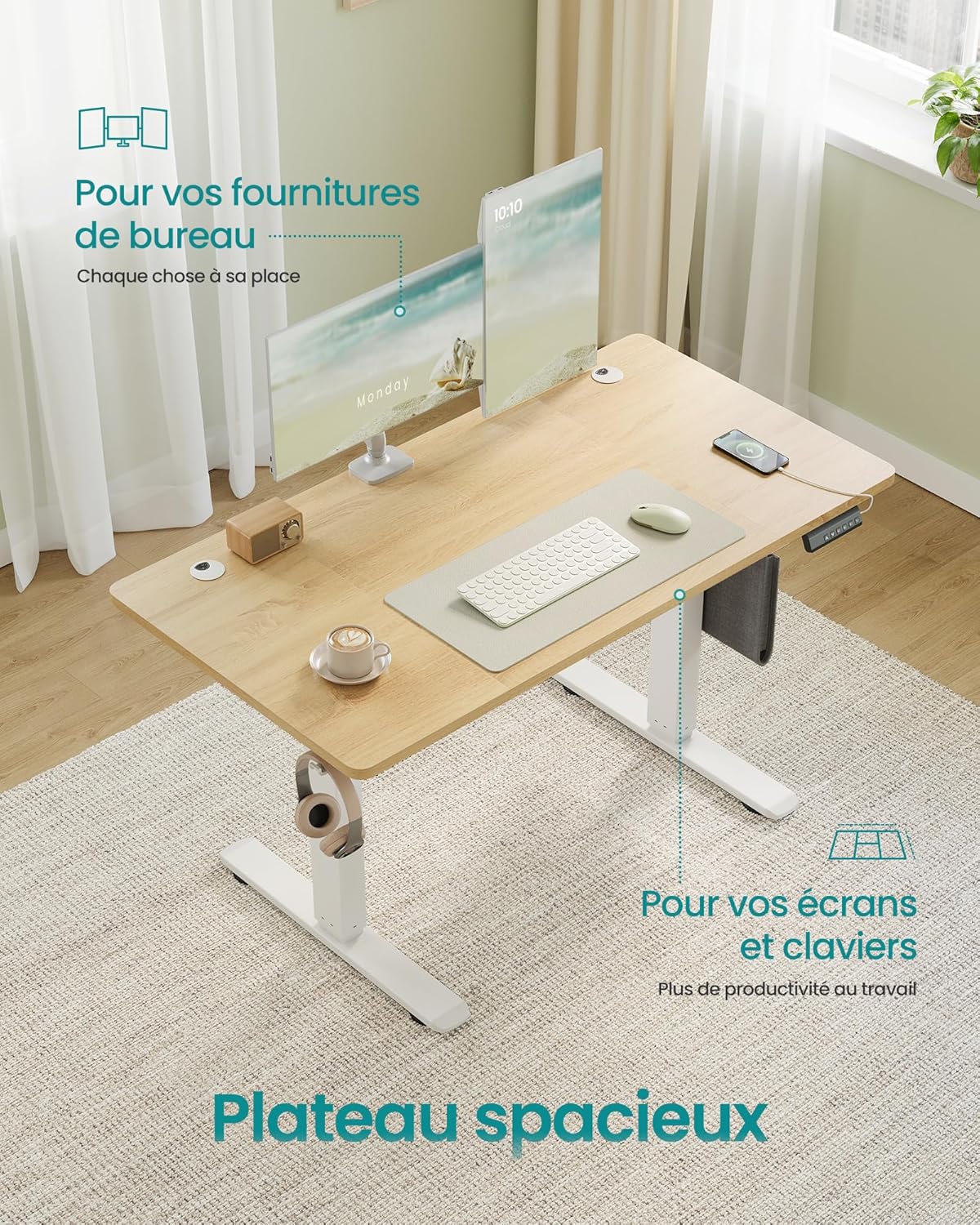 SONGMICS - bureau électrique - 120x60 cm - réglable, mémoire 4 hauteurs LSD132YA01