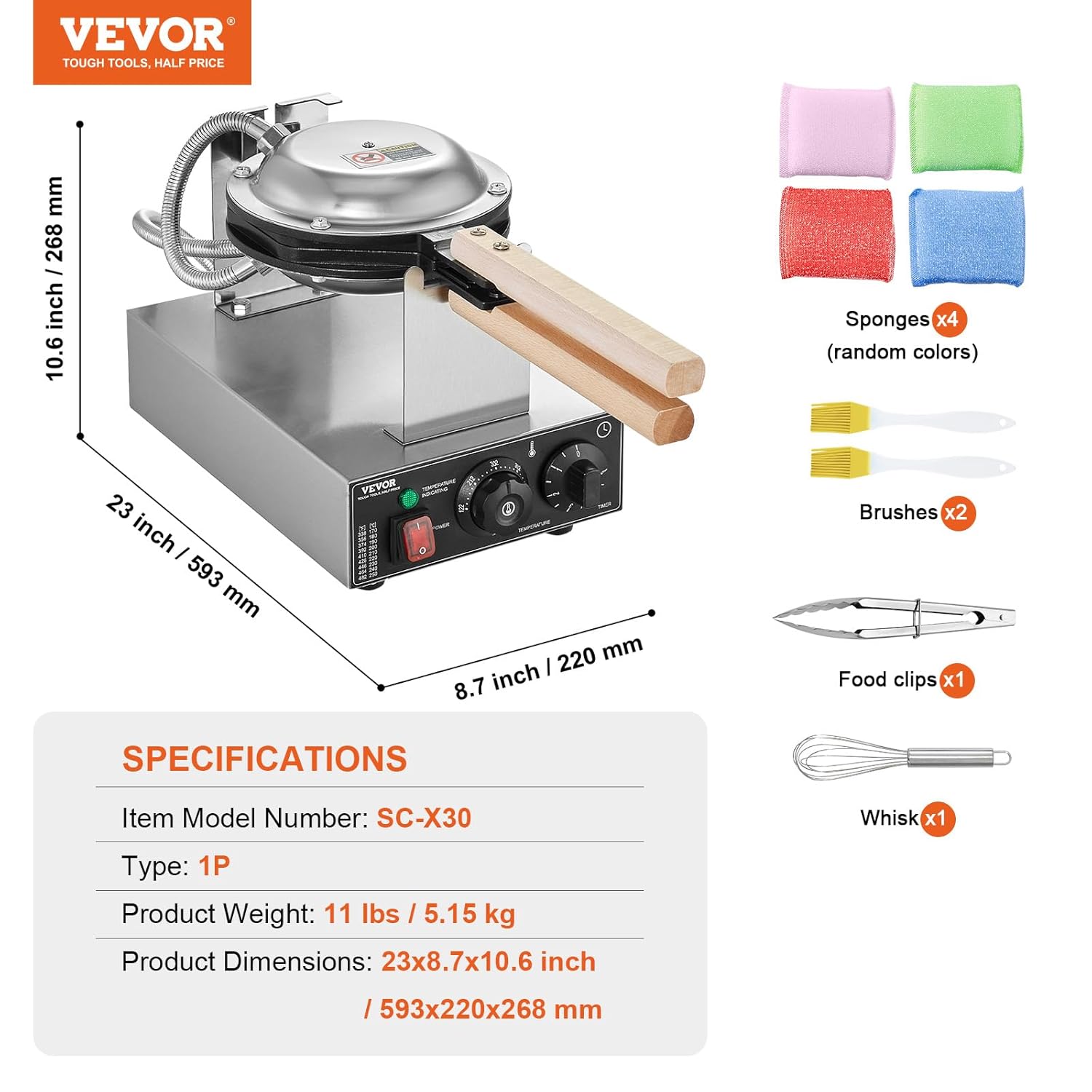 VEVOR - Gaufrier commercial 1400 W - inox rotatif 180° contrôles