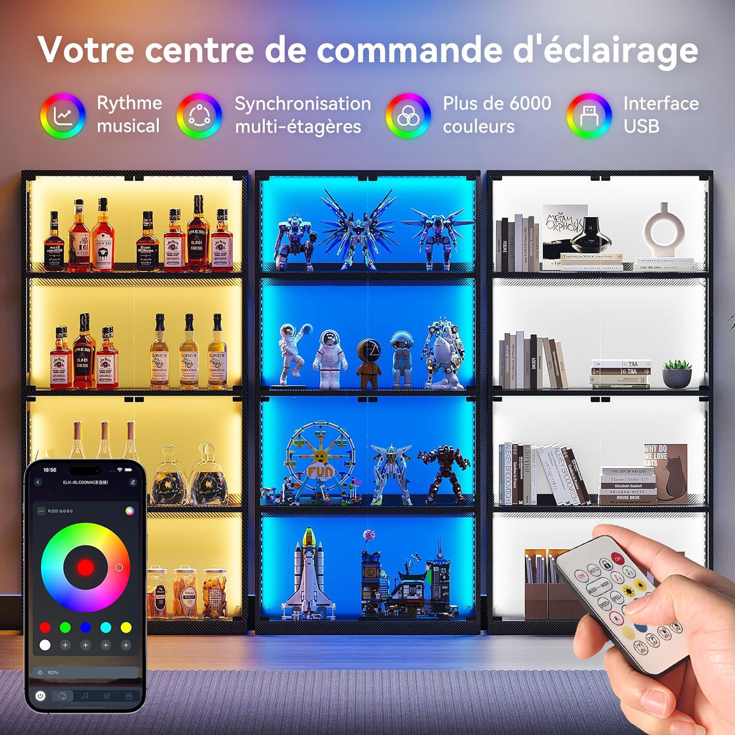 Coleshome - vitrine 4 étagères LED - portes verre, kit anti-chute, noir
