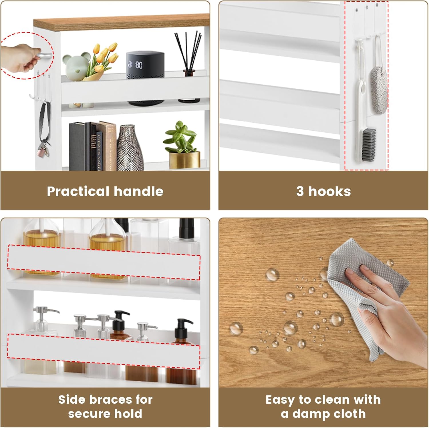 Chariot de rangement - étroit 20cm, 4 niveaux, roulettes, poignée, crochets