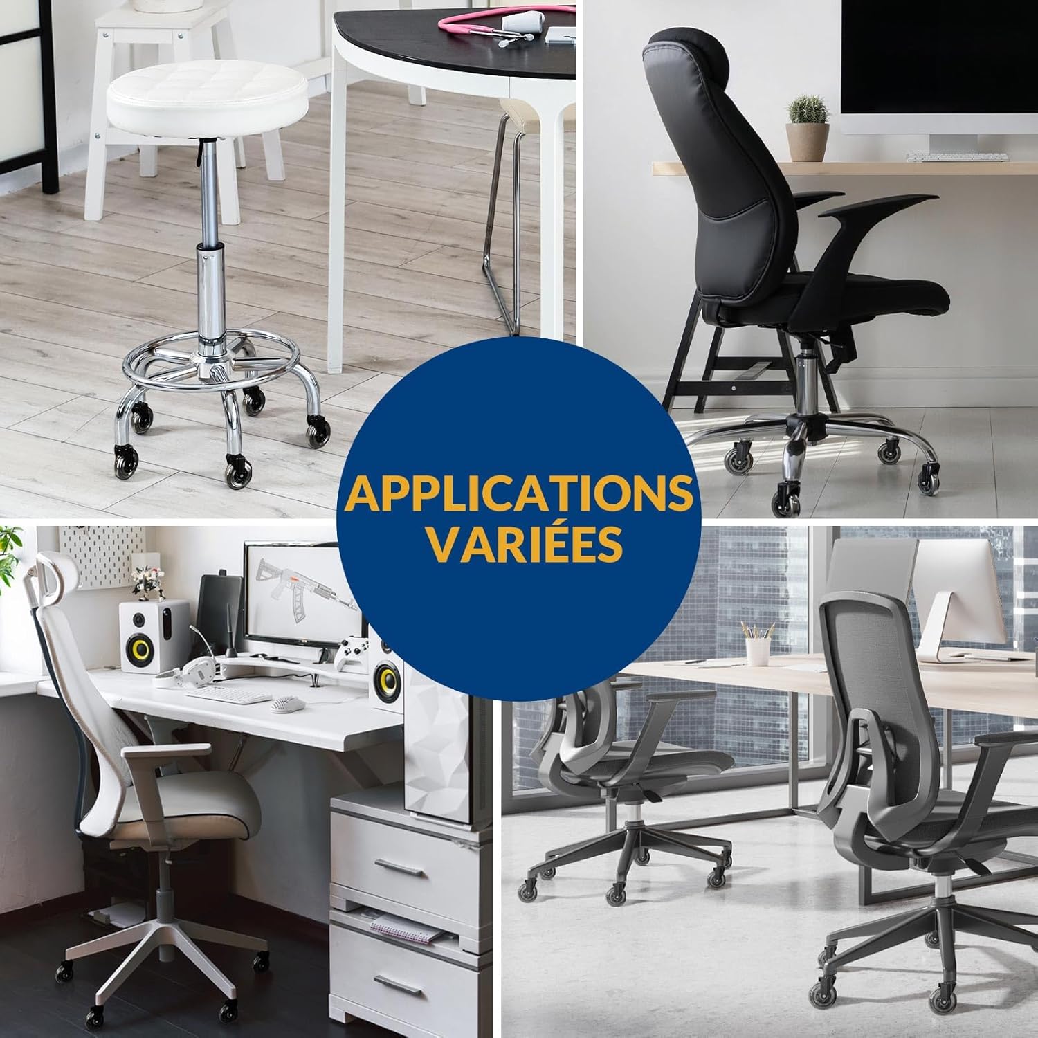 COSYLAND - roulette chaise bureau - 11x22mm - 300kg, 360° fluide, 7.5cm, argenté