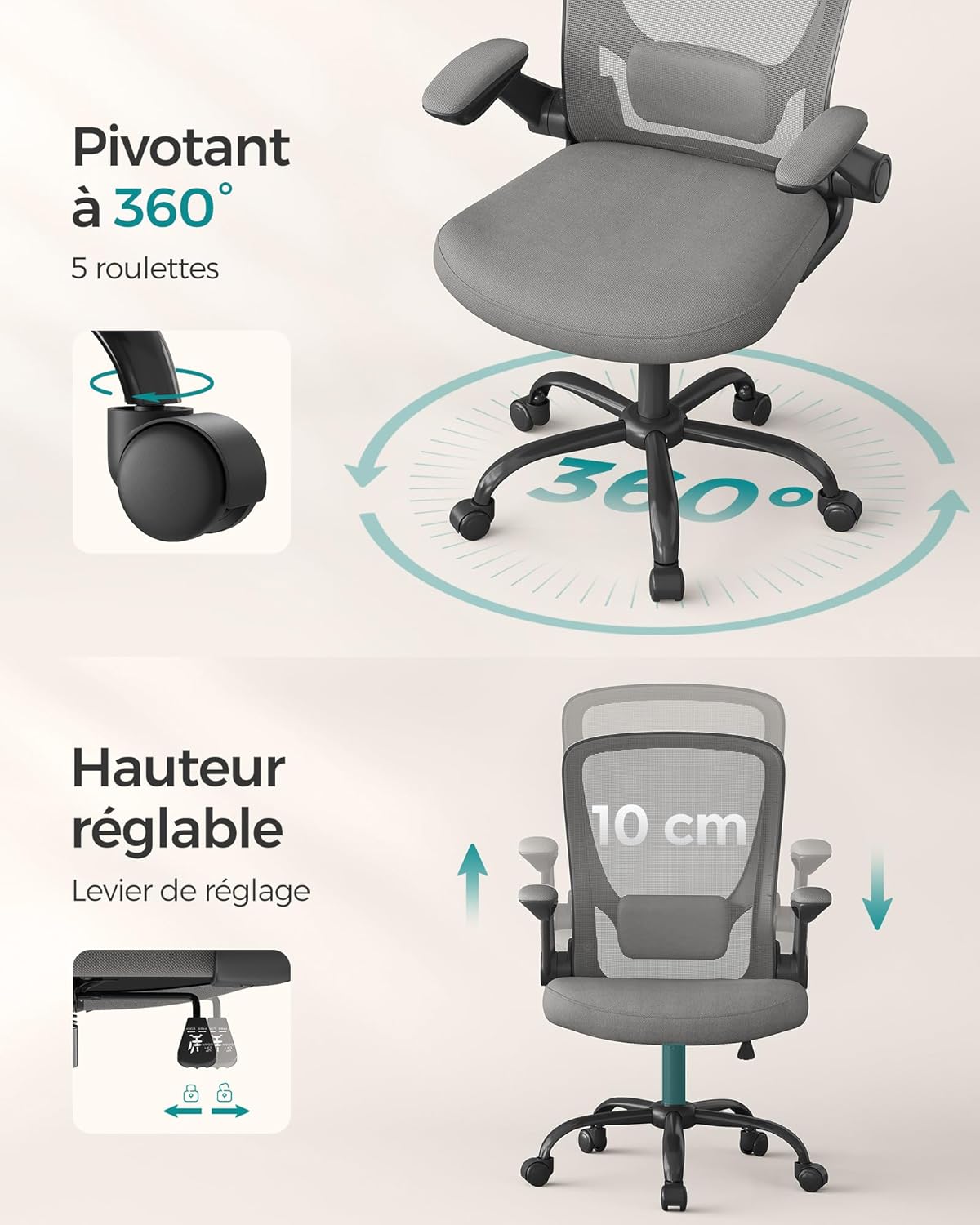 SONGMICS - Chaise bureau ergonomique, 53cm, support lombaire, accoudoirs rabattables, OBN037G01