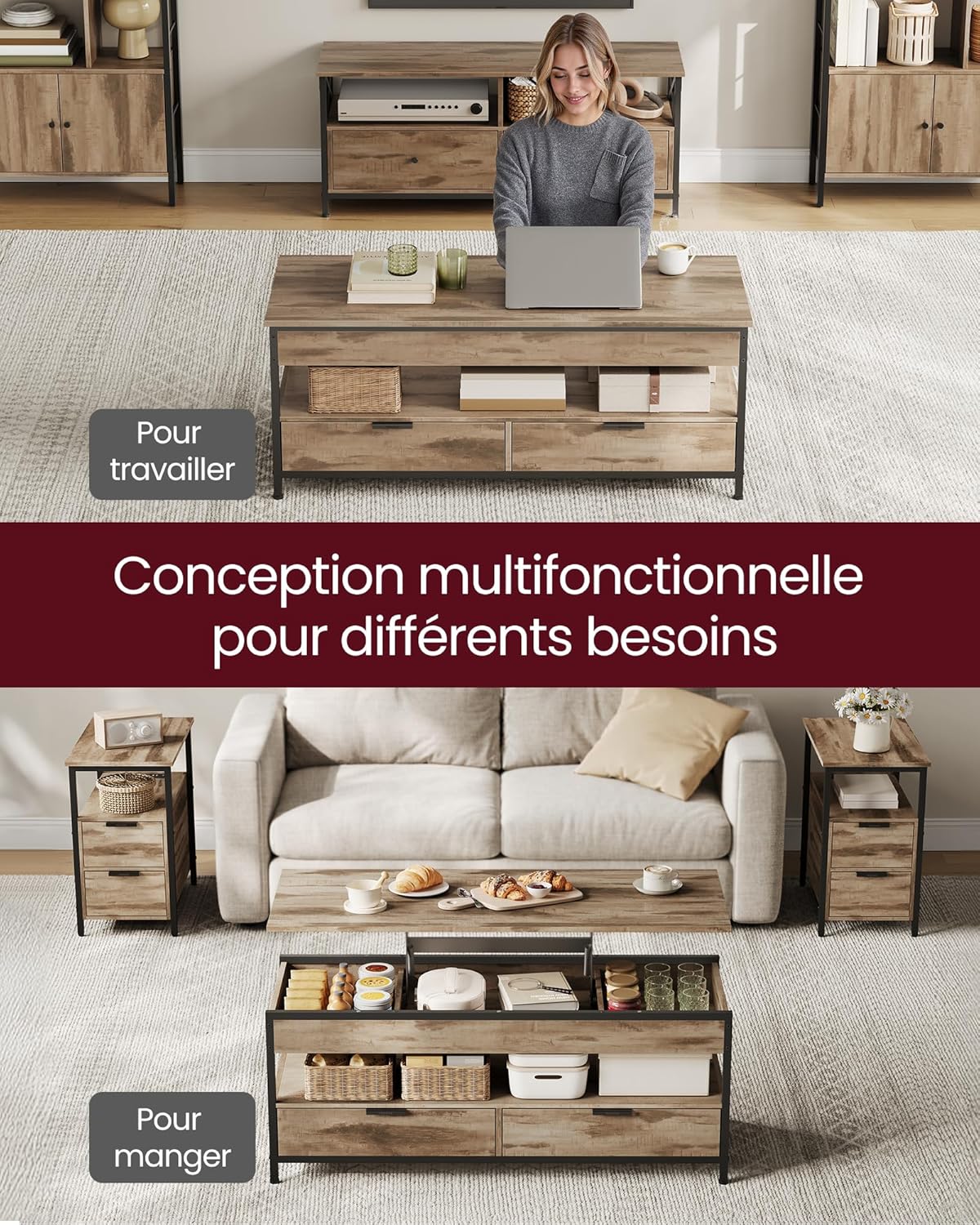 VASAGLE - table basse série LCT252K02 - 50x120cm - plateau relevable, tiroirs, rangements, marron/noir - LCT252K02