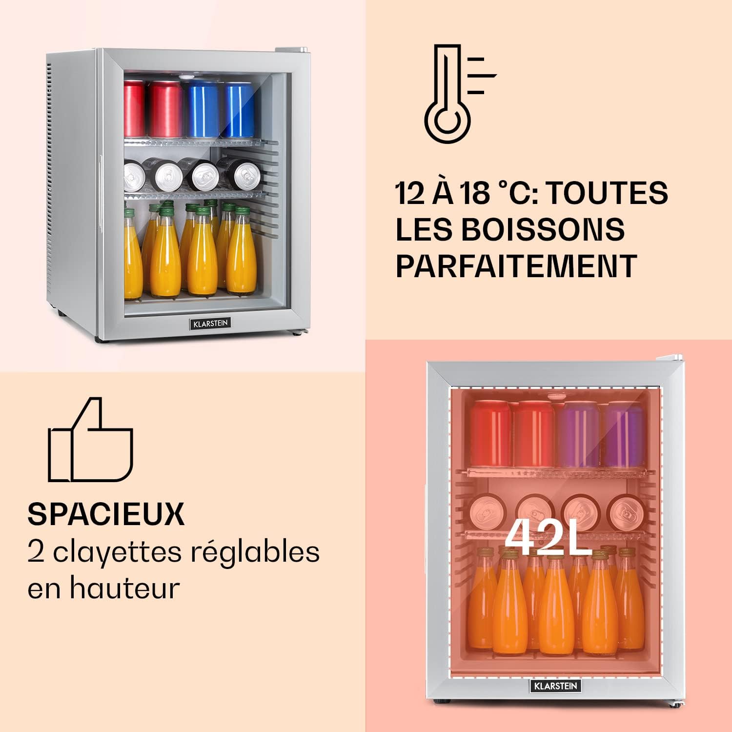 Klarstein - Mini Frigo 42L, silencieux, étagères réglables, 12-18°C