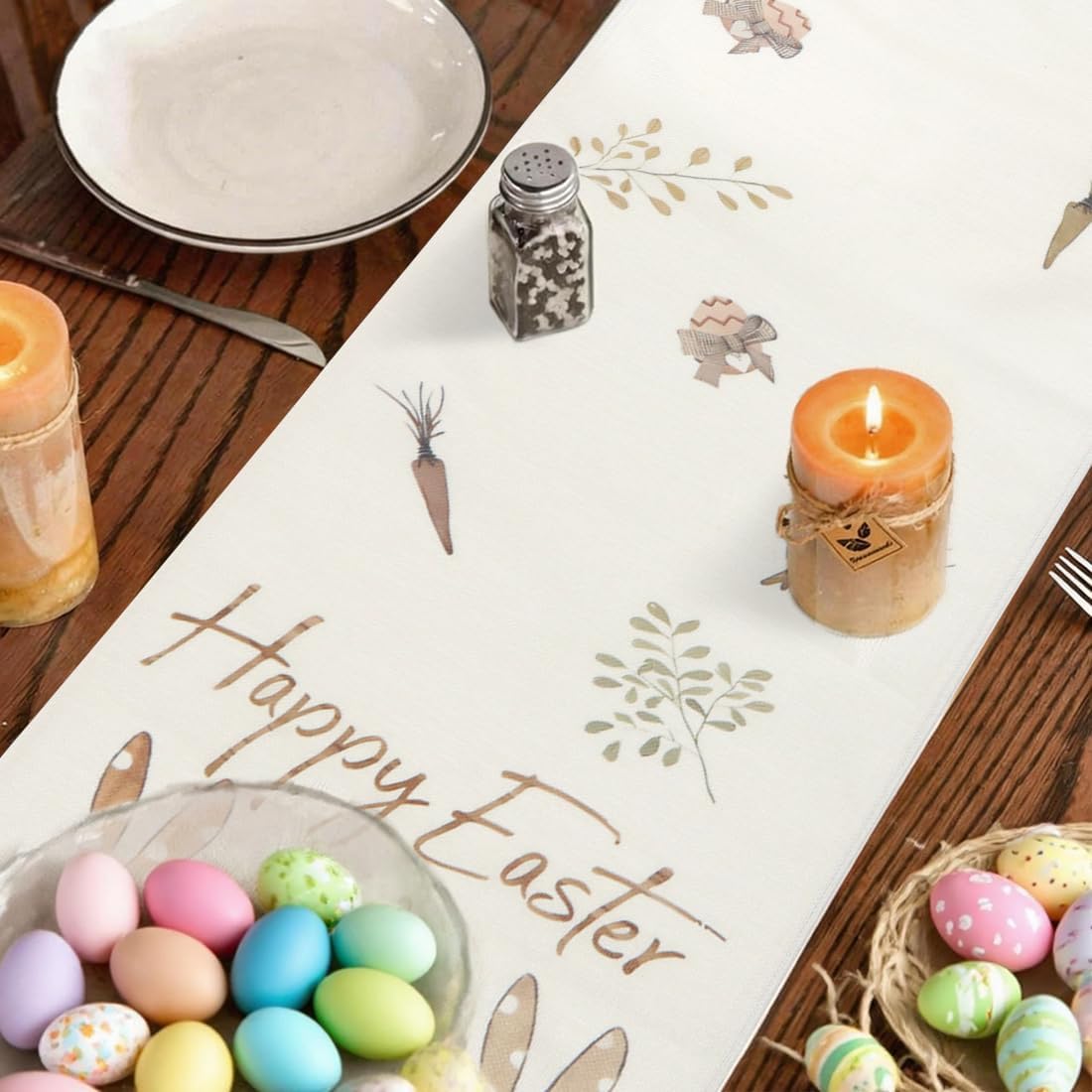 Chemin de table Pâques - motif lapin, 33x180 cm, lavable, déco salon