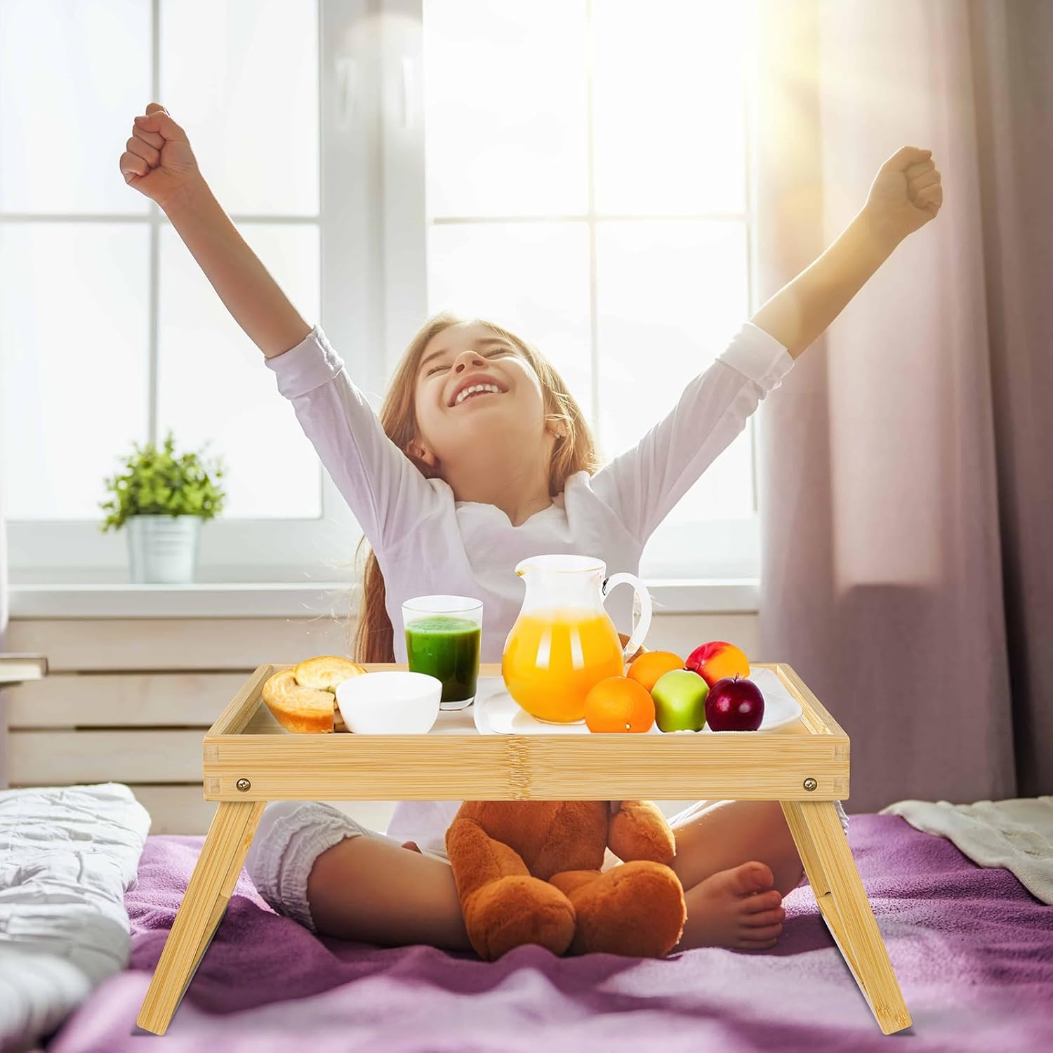 Plateau de lit - bambou, pied pliant, multifonction - beige, plateau petit-déjeuner