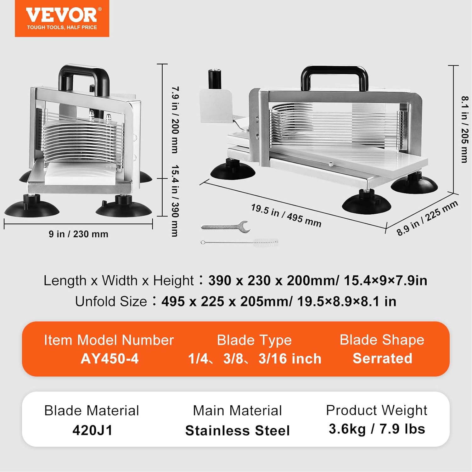 VEVOR - trancheuse à tomates manuelle - 4,8/6,35/9,5 mm - inox, pieds antidérapants