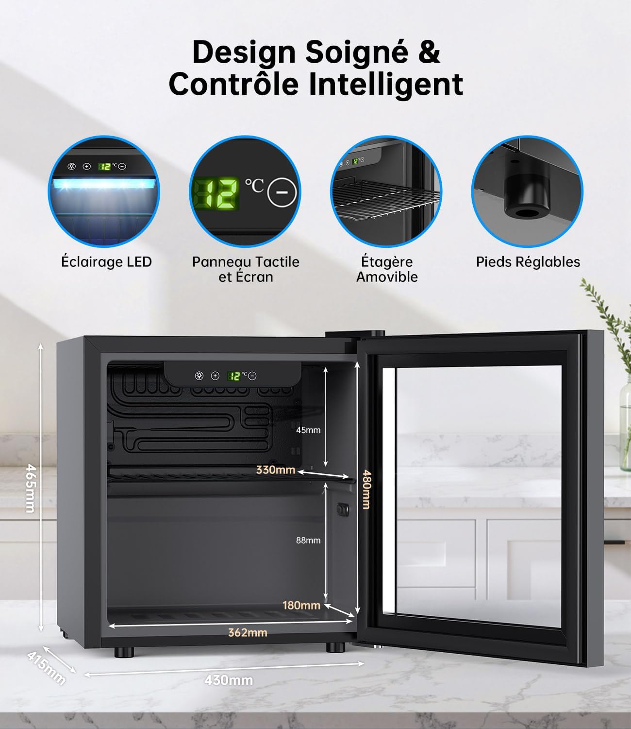 WIE - Mini Réfrigérateur 36L vitré, silencieux, 55 canettes, compact