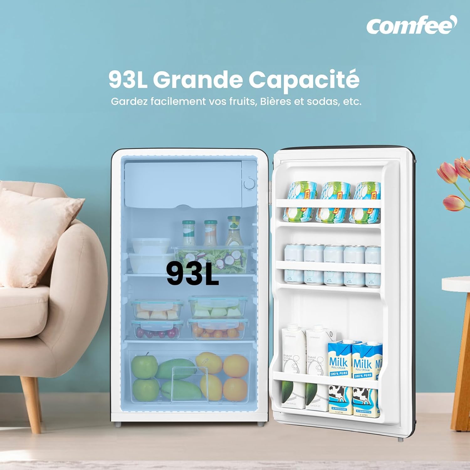 Comfee' - Réfrigérateur rétro 93L, sous-plan, LED, Noir, RCD93BL2EURT(E)