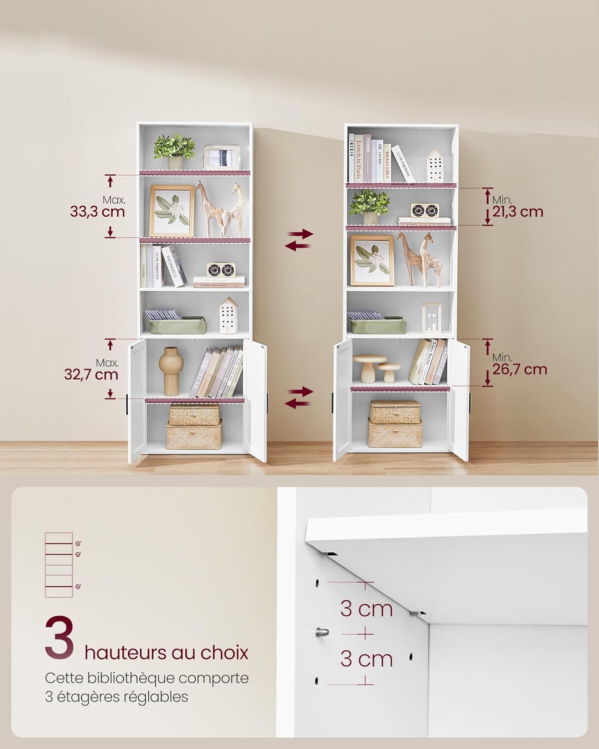 VASAGLE - Custos Collection bibliothèque étagère 24x60x175cm, 6 niveaux, portes, blanc nuage LBC402W01