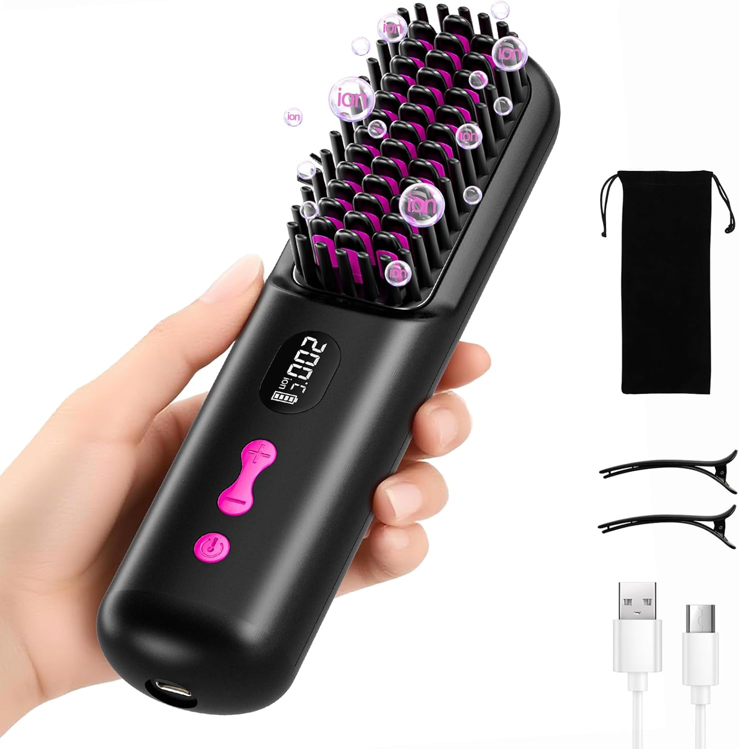 Brosse lissante sans fil - rechargeable USB 9600mAh, ions négatifs, chauffante, portable