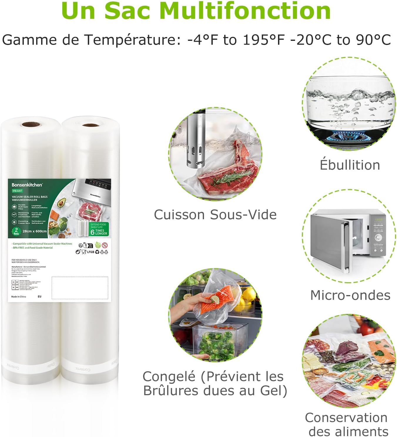 Bonsenkitchen - sacs sous vide - 2x 28x600cm - sans BPA, cuisson, VB3207