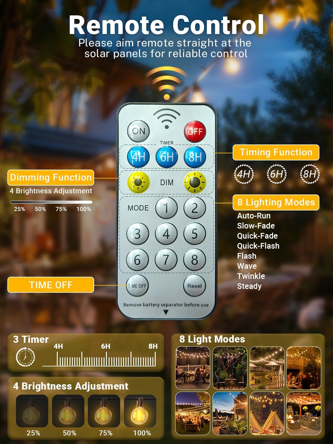 Guirlande Solaire Extérieure - G40 - 7.5m, 10+1 ampoules, 8 modes, IP44