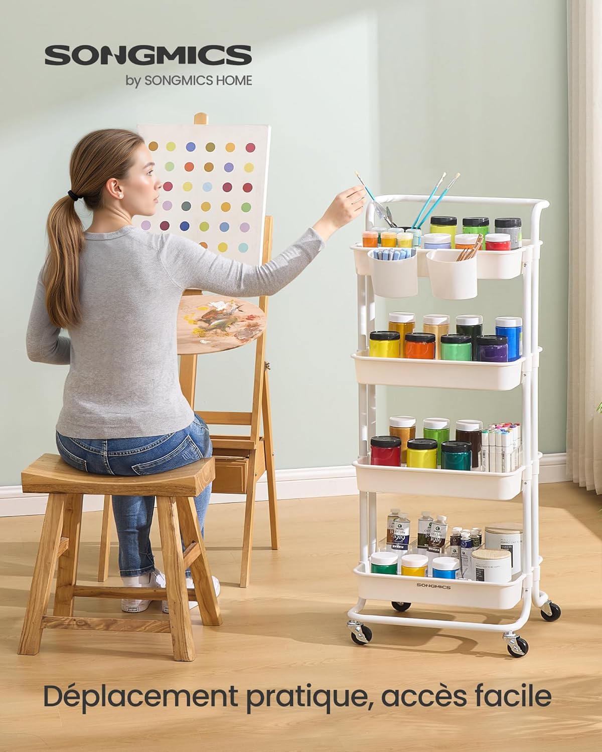 SONGMICS - Chariot de rangement 4 niveaux - poignées, roulettes, 2 pots, 2 freins - Blanc - BSC077WZ01