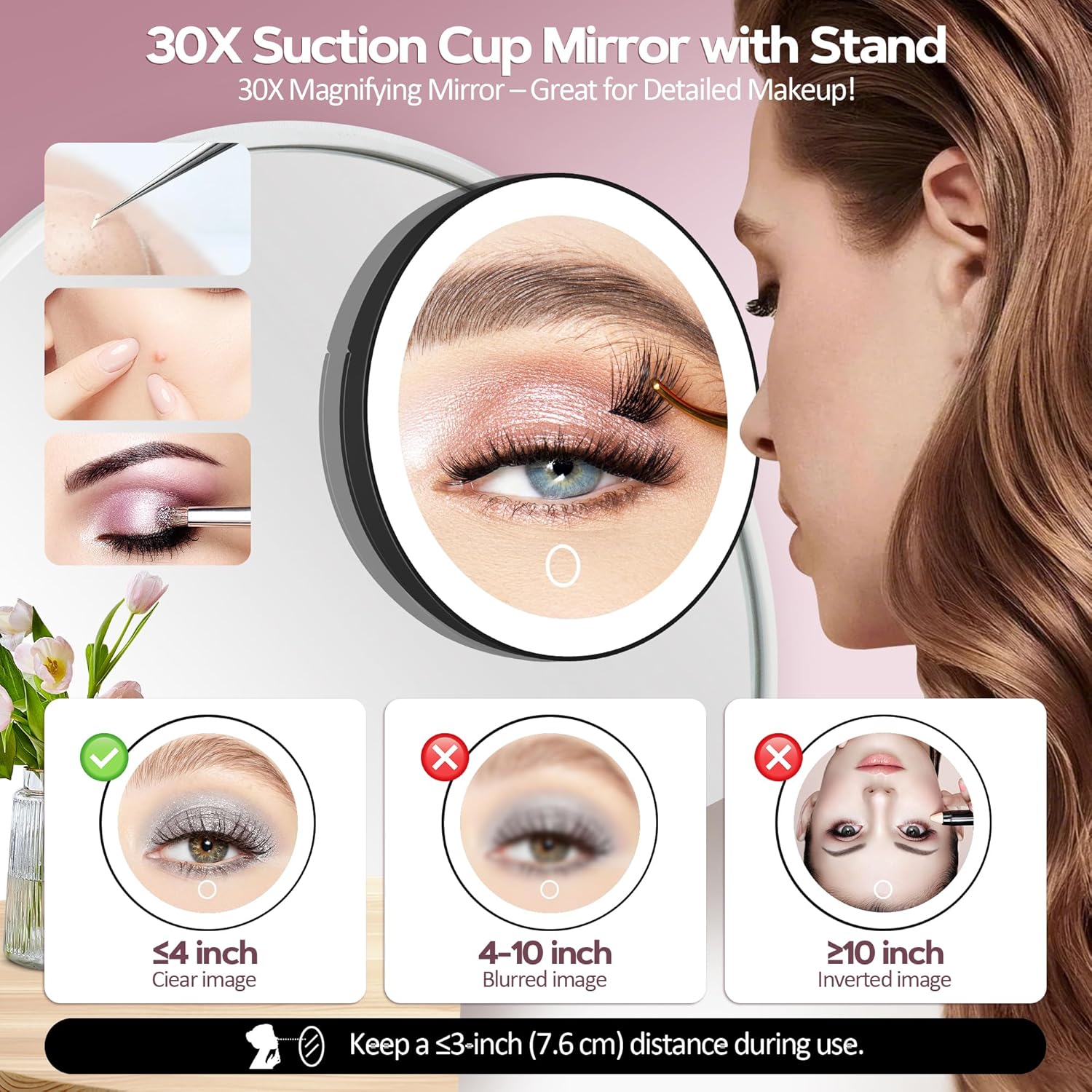 Miroir grossissant - 30x, ventouse, éclairage LED, intensité variable, noir