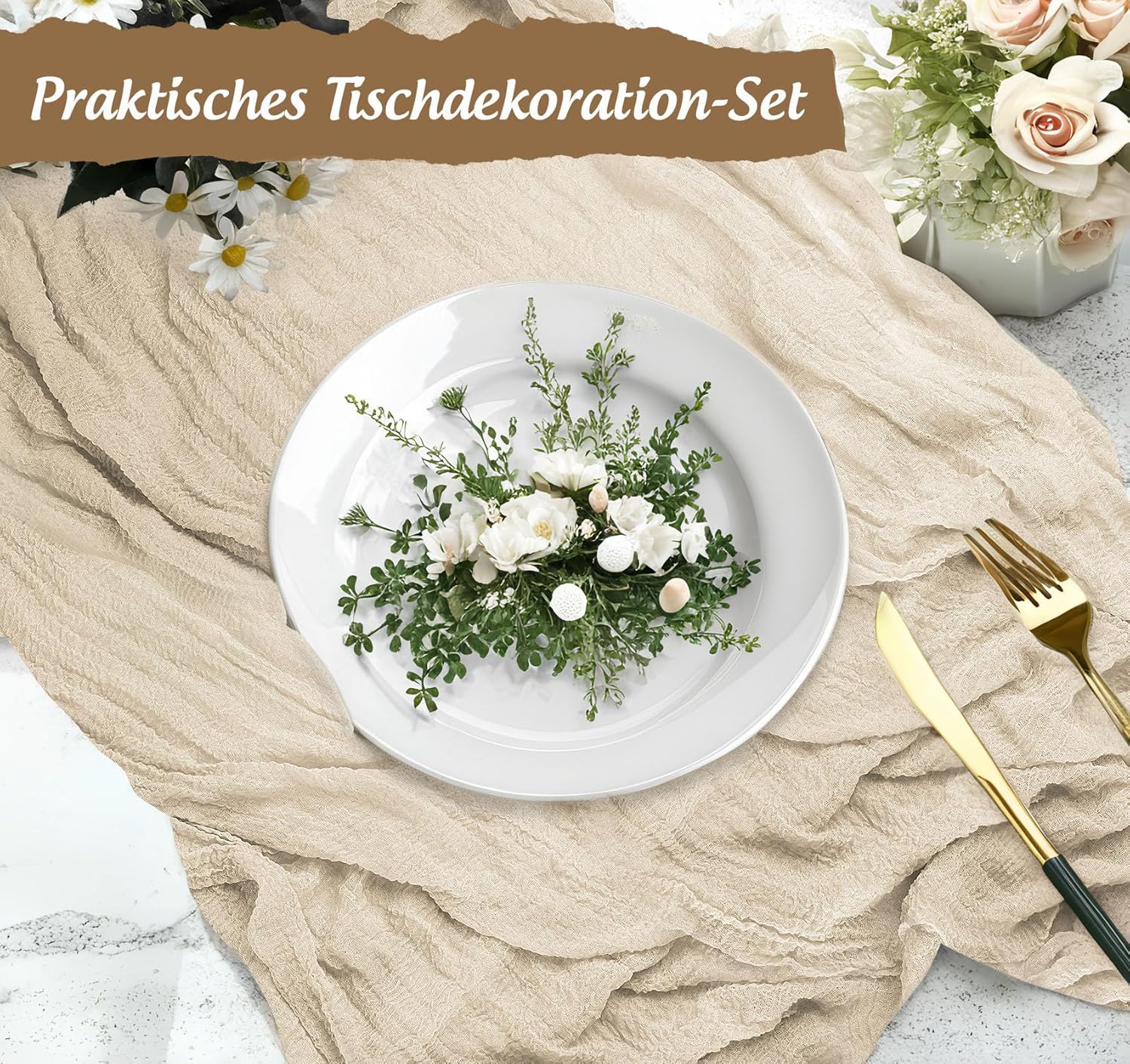 Chemin de table étamine beige – 80x300 cm – gaze transparente bohème