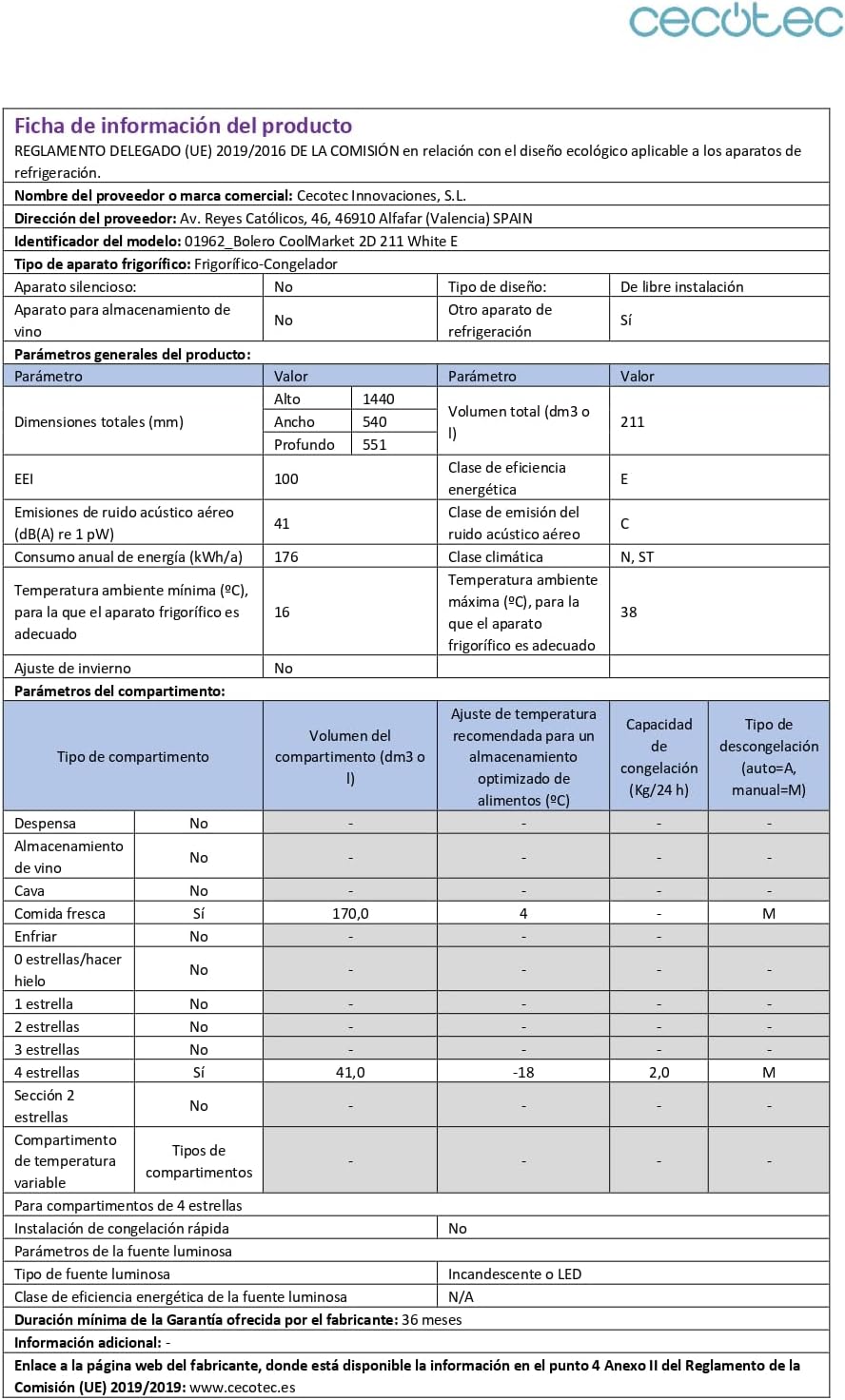 Cecotec - Bolero CoolMarket 2D - 143 cm - 211 L, dégivrage, classe E