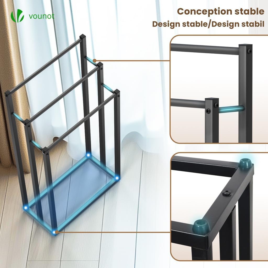 VOUNOT - Porte-serviettes sur pied, 3 niveaux, métal, noir, rangement stable