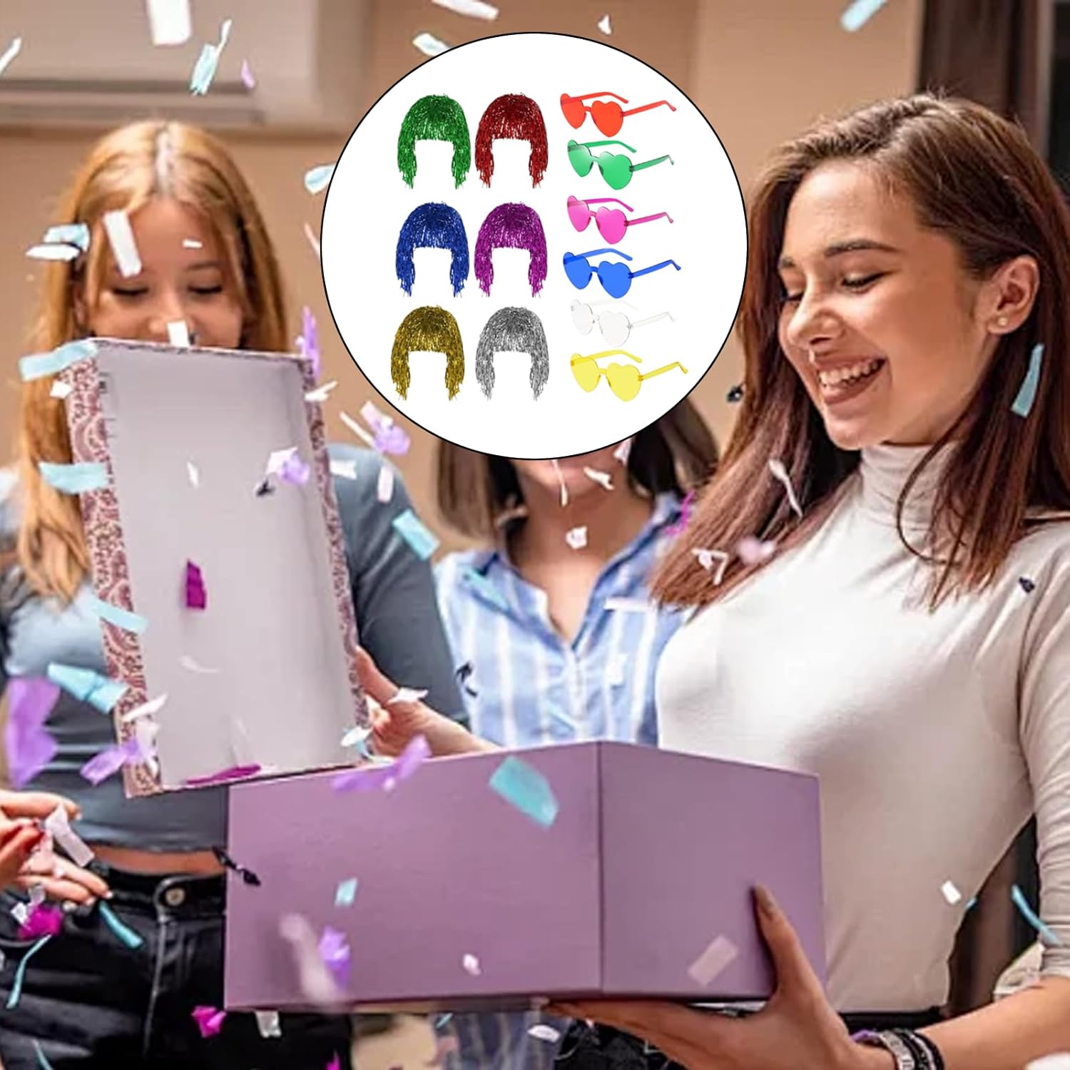 Perruque métallique - 6pcs brillantes - accessoires fête colorés - lunettes néon incluses