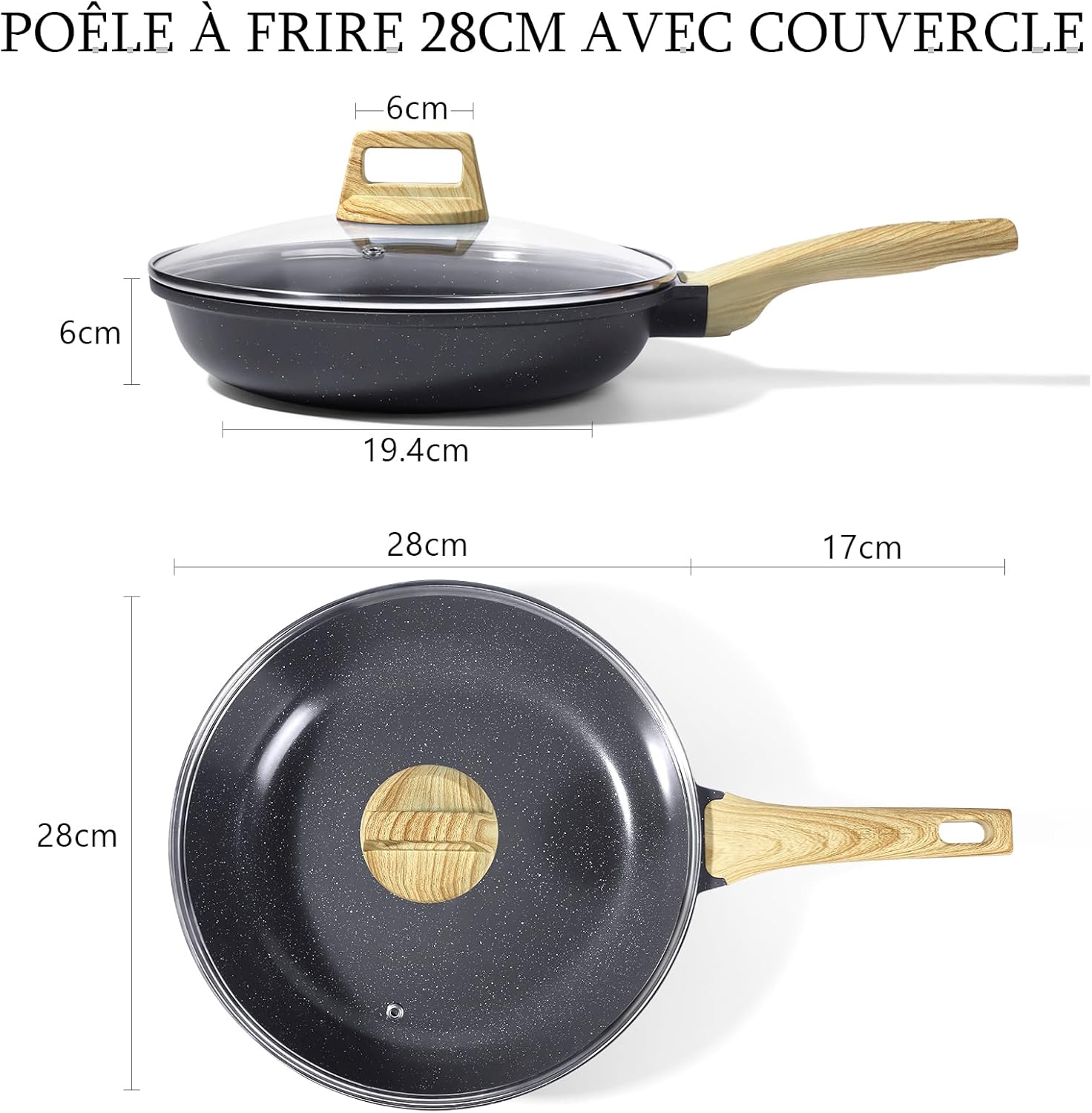 GiPP - Poêle à frire granite 28cm, induction, sans PFAS/PFOA, couvercle