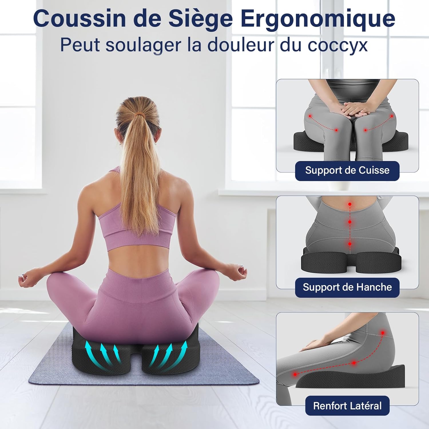 Coussin siège ergonomique - soulage coccyx et sciatique, noir, confort bureautique
