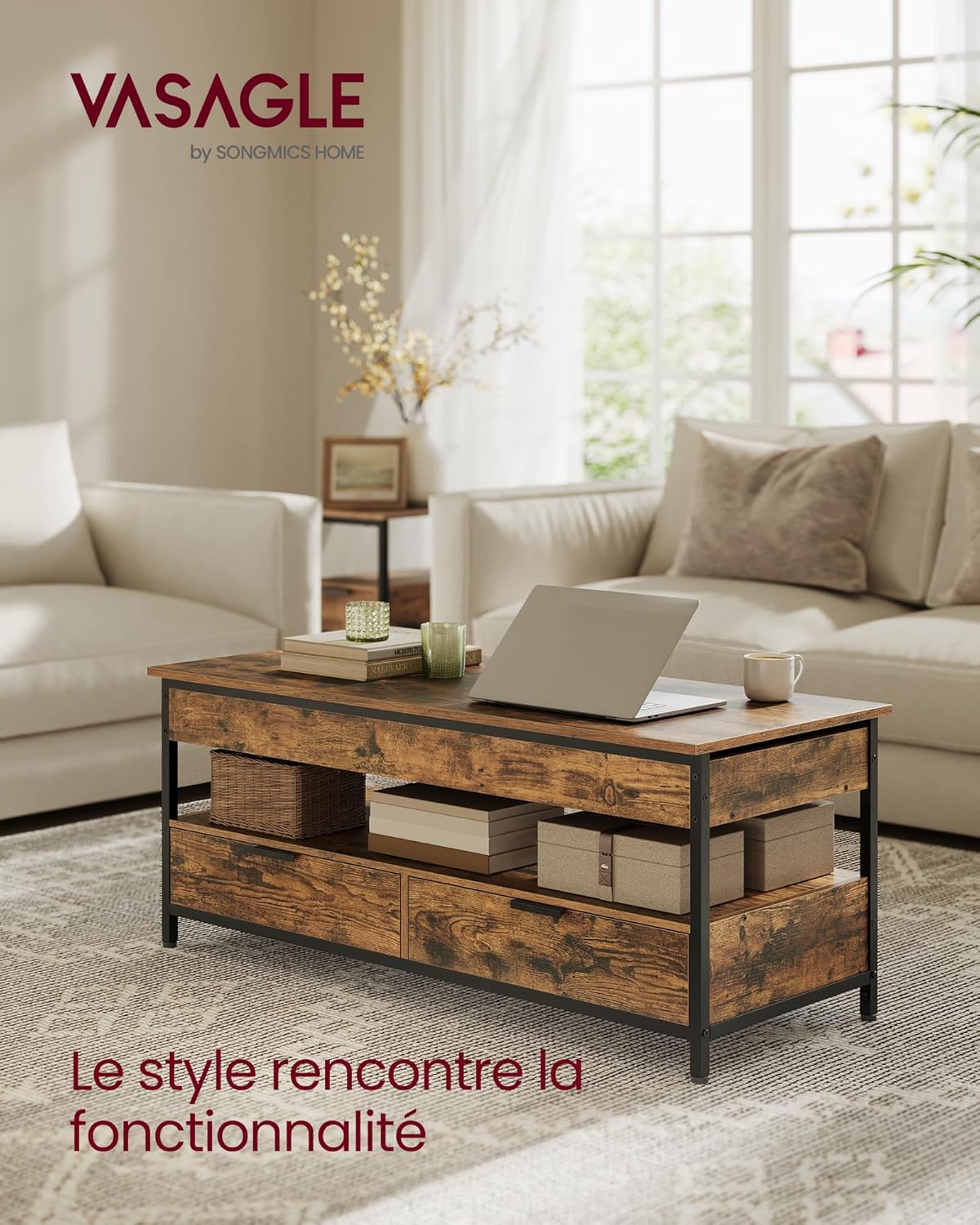 VASAGLE - table basse série LCT252K01 - 50x120cm - plateau relevable, tiroirs, compartiment caché