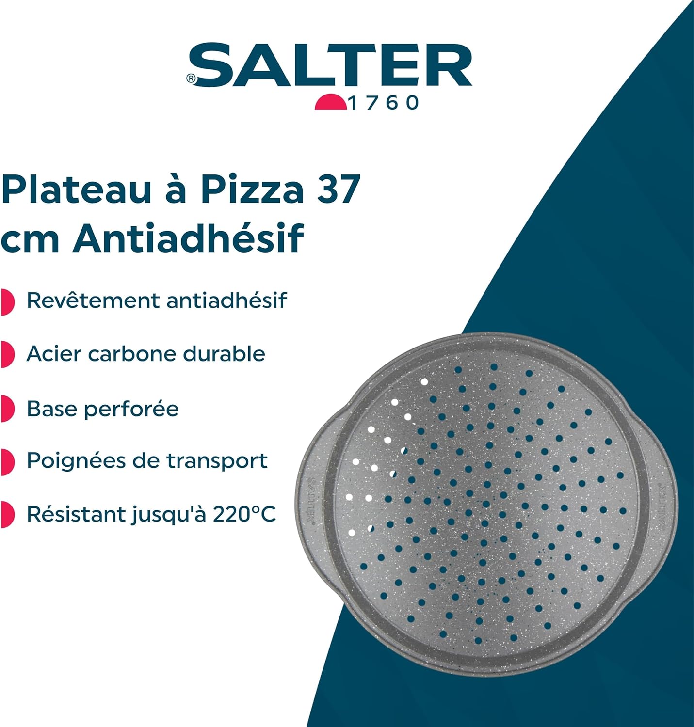 Salter - Plat à pizza Marblestone 37cm - antiadhésif, perforé, poignées, cuisson homogène