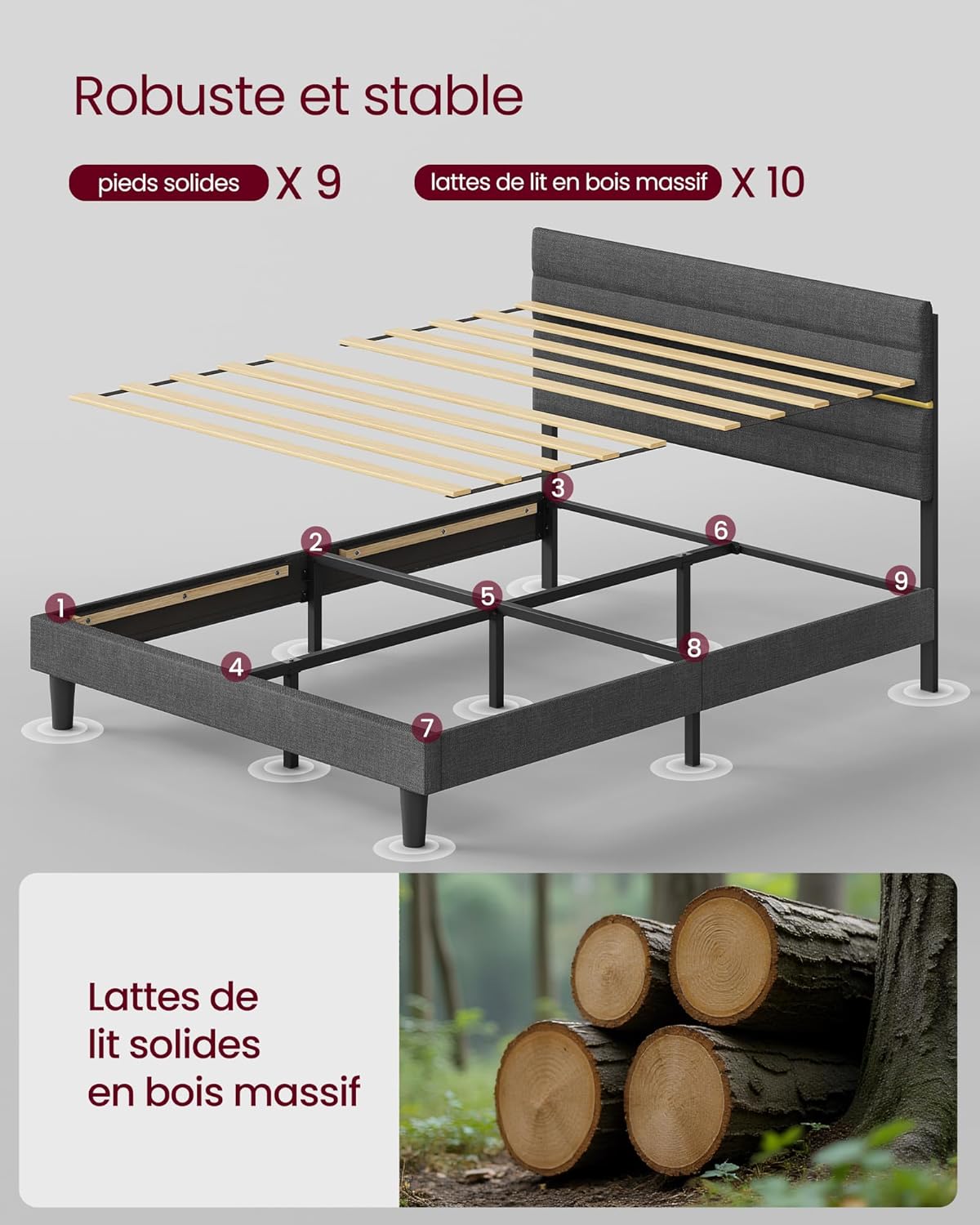 VASAGLE - lit double (série RMB) - 160x200 cm - tête rembourrée, métal, bois massif, gris ardoise - RMB505G01