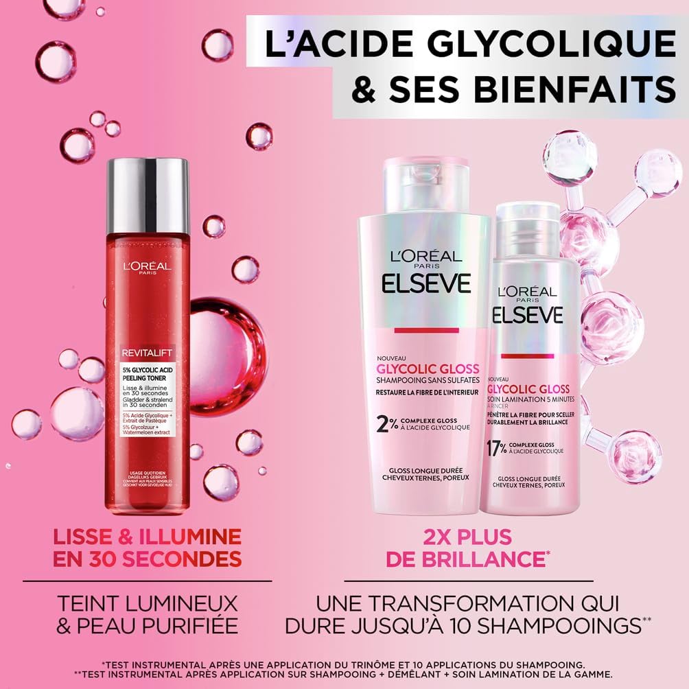 L'Oréal Paris - Elseve Glycolic Gloss - routine visage & cheveux - soins acide glycolique, lamination, exfoliant