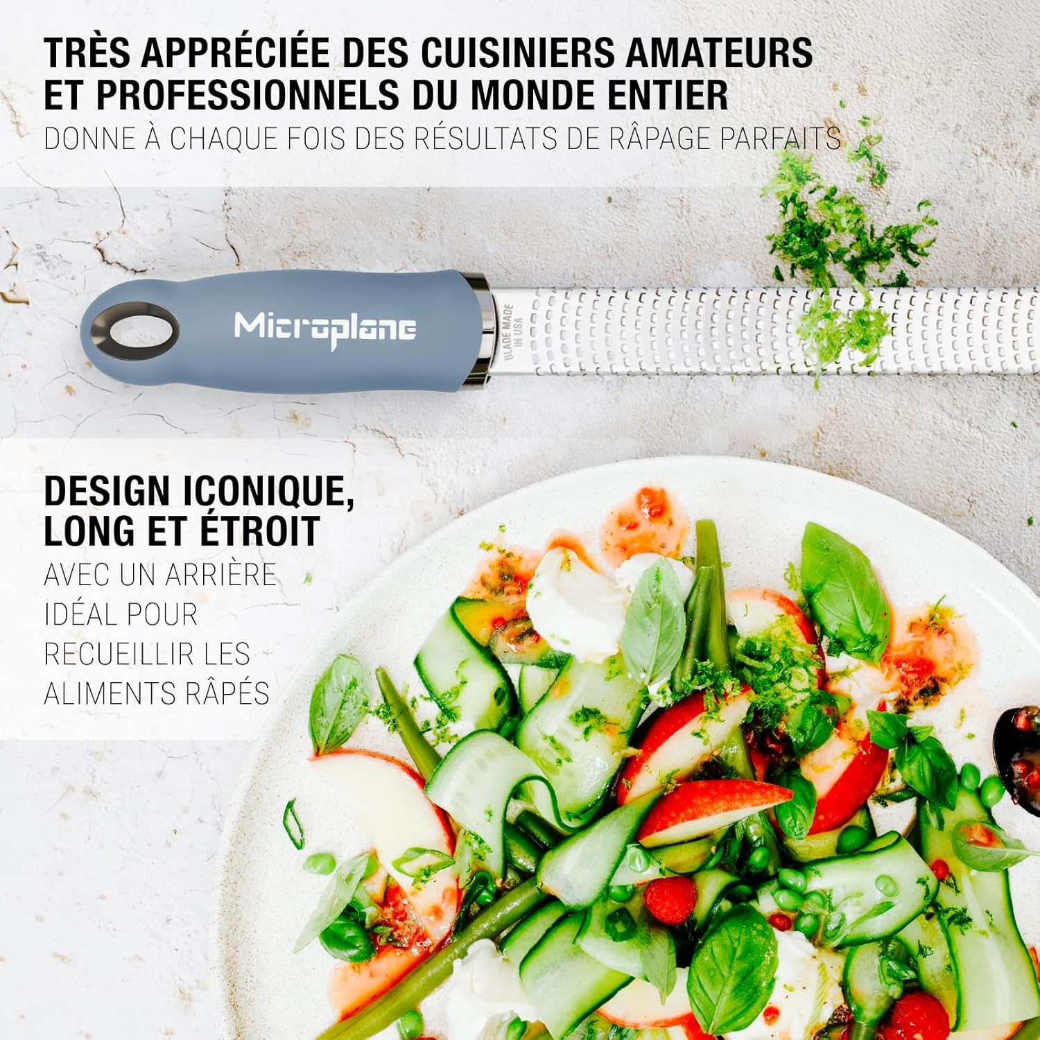 Microplane - zesteur Classic - lame fine, bleu, polyvalent, fabriqué USA