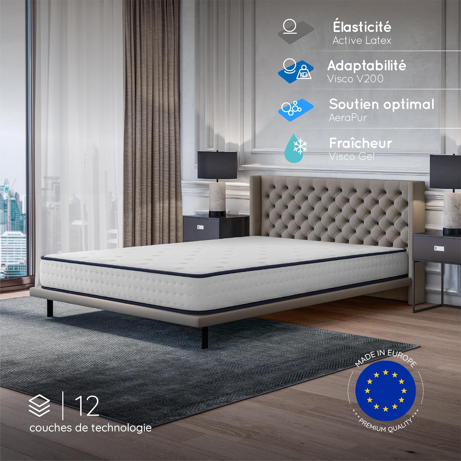 COSMOS - Upsilon - 180x200 cm - Mémoire de forme, latex, soutien équilibré, 21 cm, 7 zones, réversible