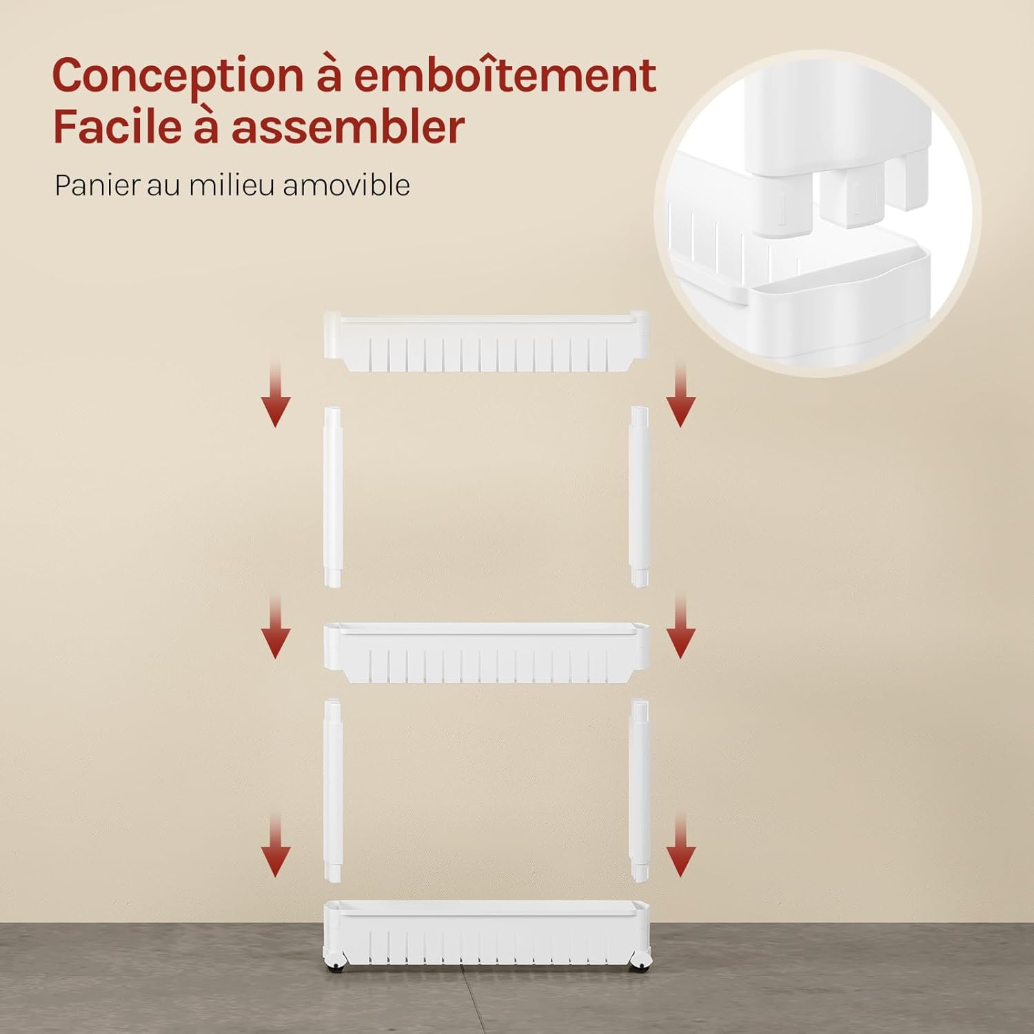 WOLTU - étagère de niche roulante 3 compartiments, blanc, compacte