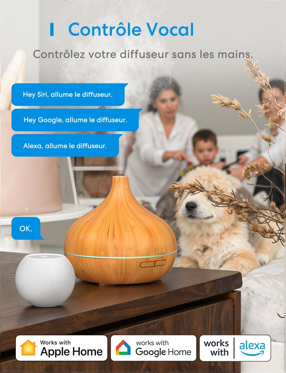 Meross - diffuseur huiles essentielles connecté - compact - WiFi HomeKit Alexa Google, RGB LED, sans BPA