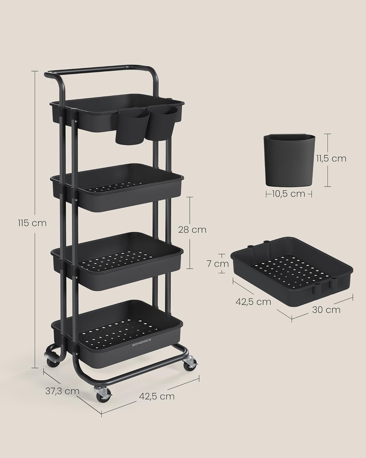 SONGMICS - Chariot 4 niveaux, roulettes, poignée, 2 pots, freins, 59x39x86 cm - BSC077BZ01